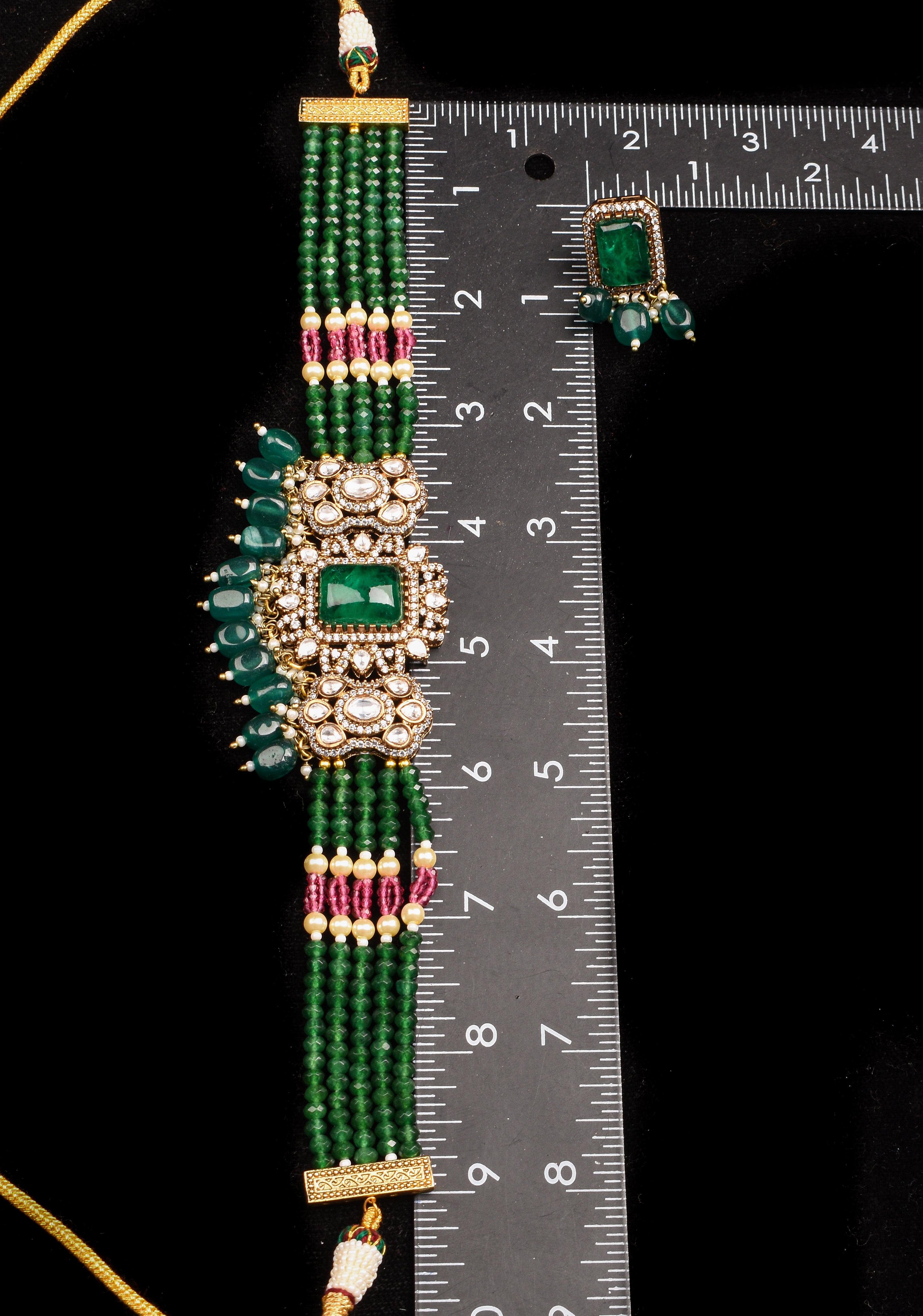 Multilayer Emerald Green Beads kundan Choker set with dangling Green Beads| Shobitam Jewelry