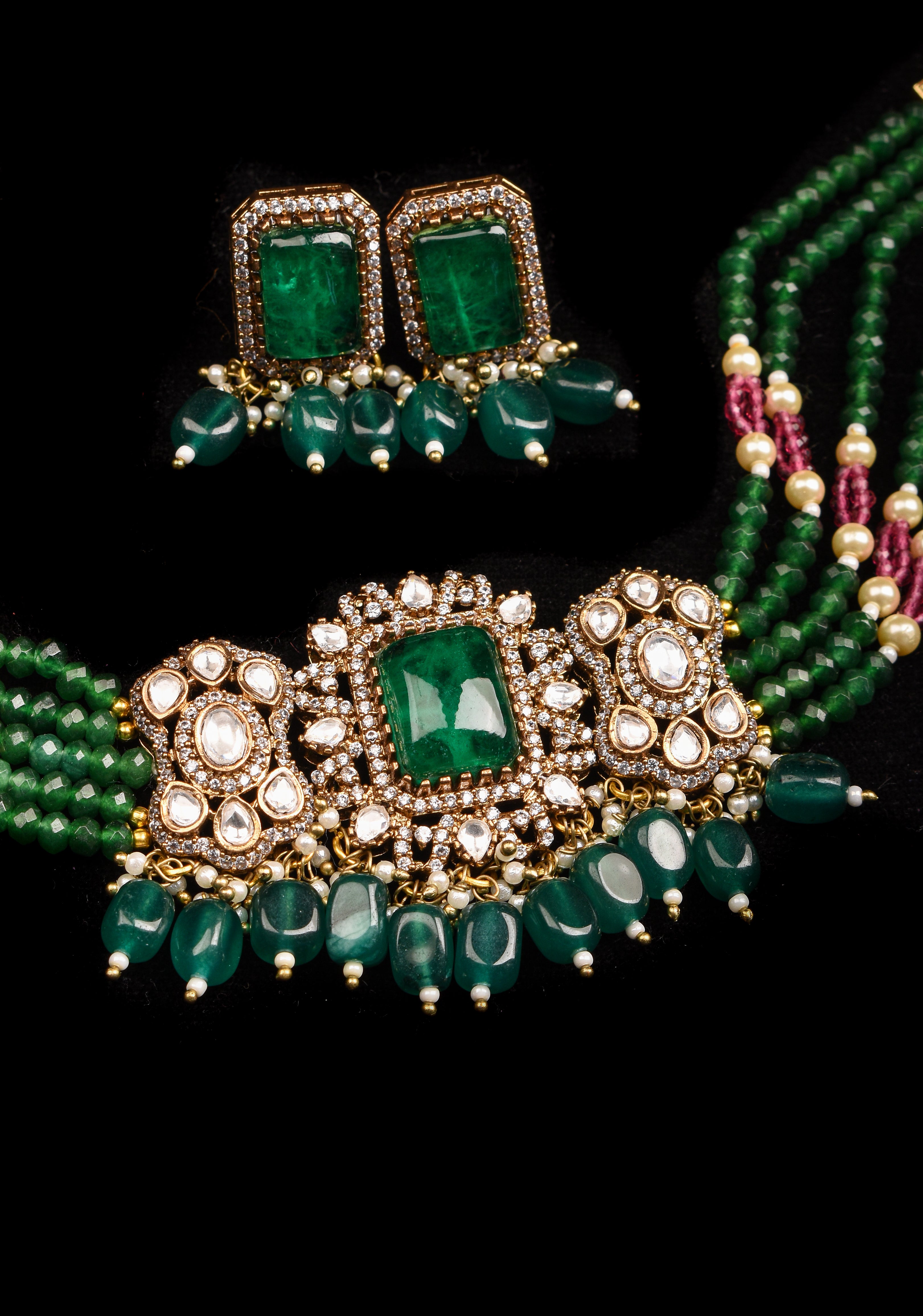 Multilayer Emerald Green Beads kundan Choker set with dangling Green Beads| Shobitam Jewelry