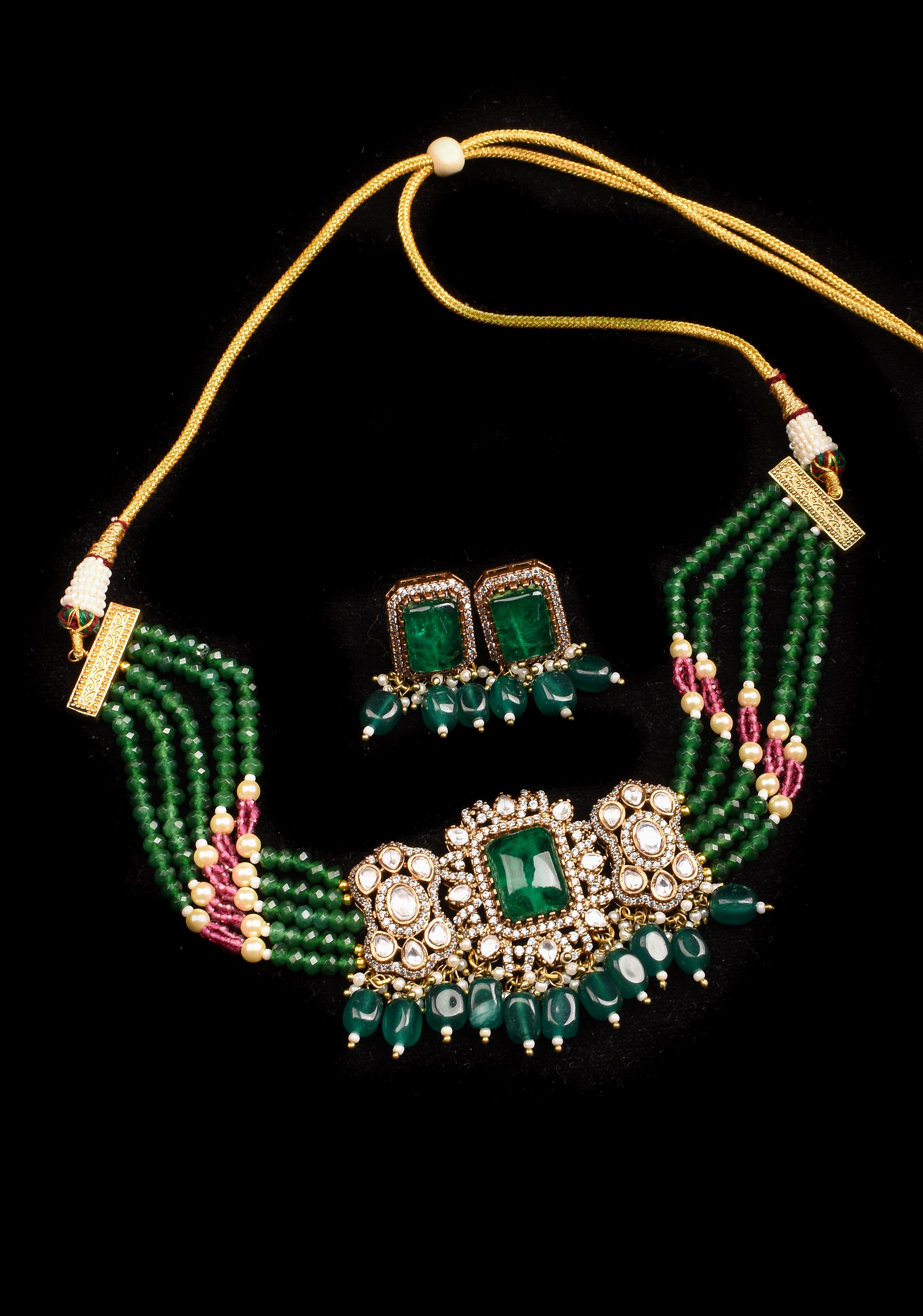 Multilayer Emerald Green Beads kundan Choker set with dangling Green Beads| Shobitam Jewelry