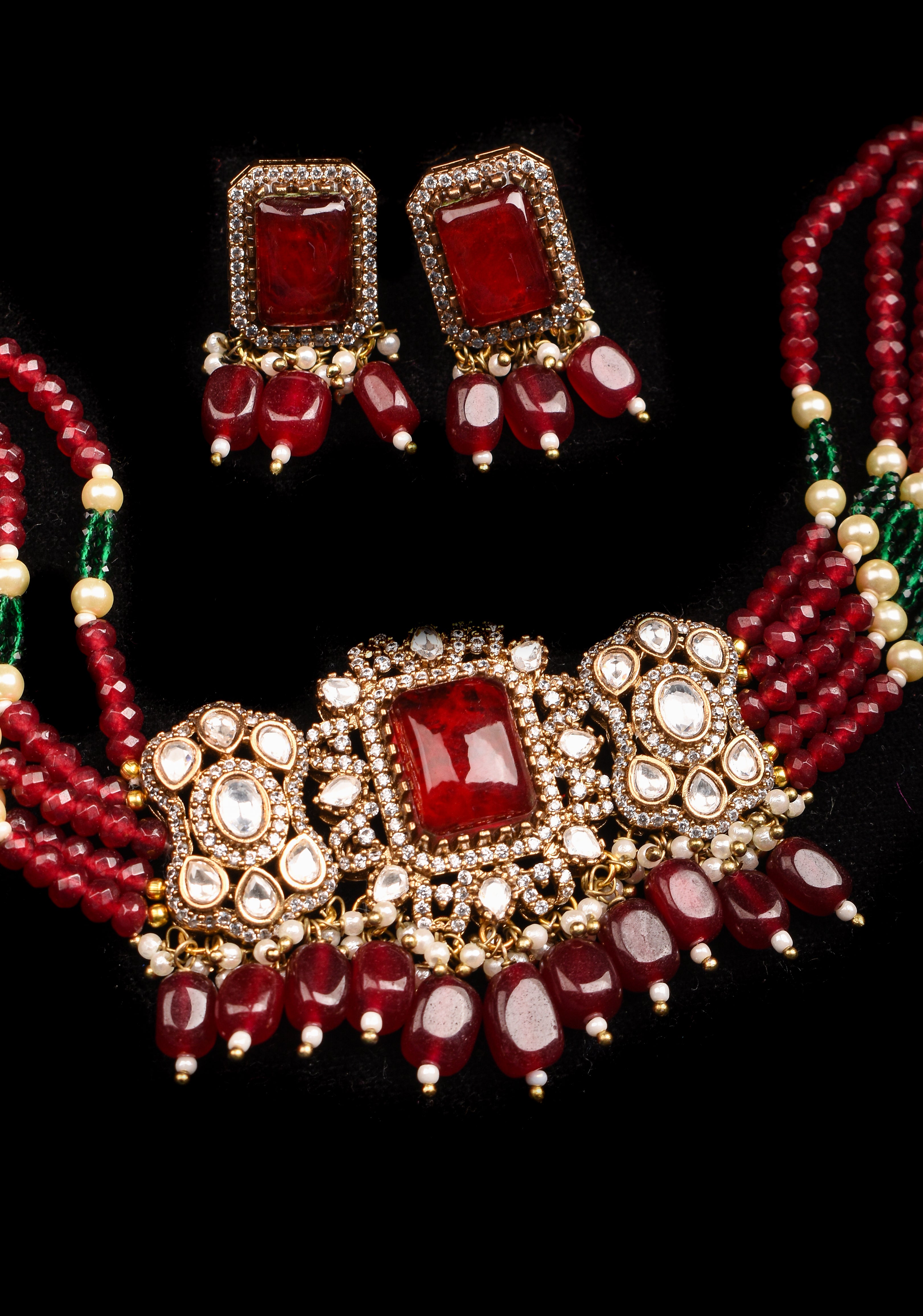 Multilayer Red Beads kundan Choker set with dangling Red Beads| Shobitam Jewelry