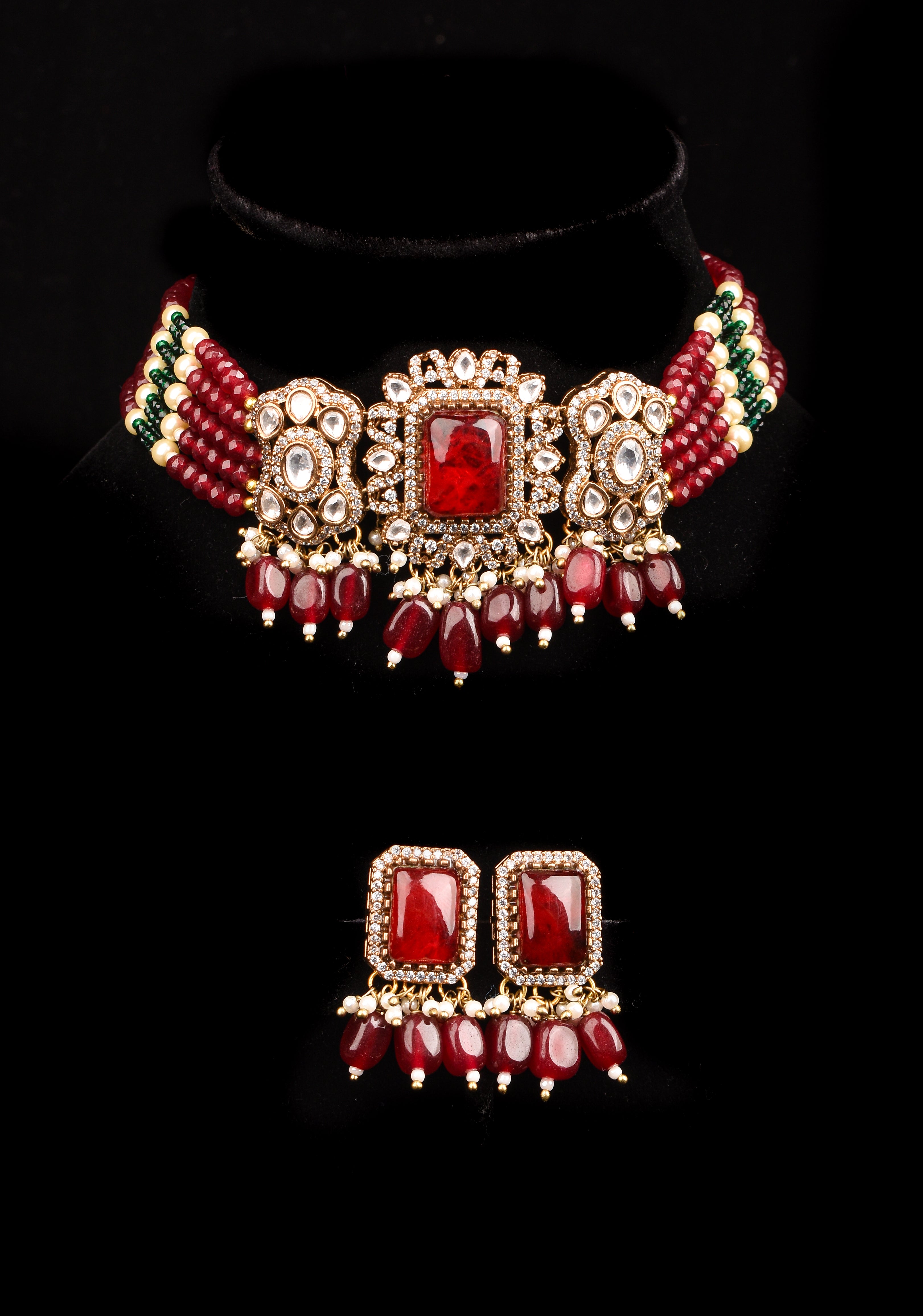 Multilayer Red Beads kundan Choker set with dangling Red Beads| Shobitam Jewelry