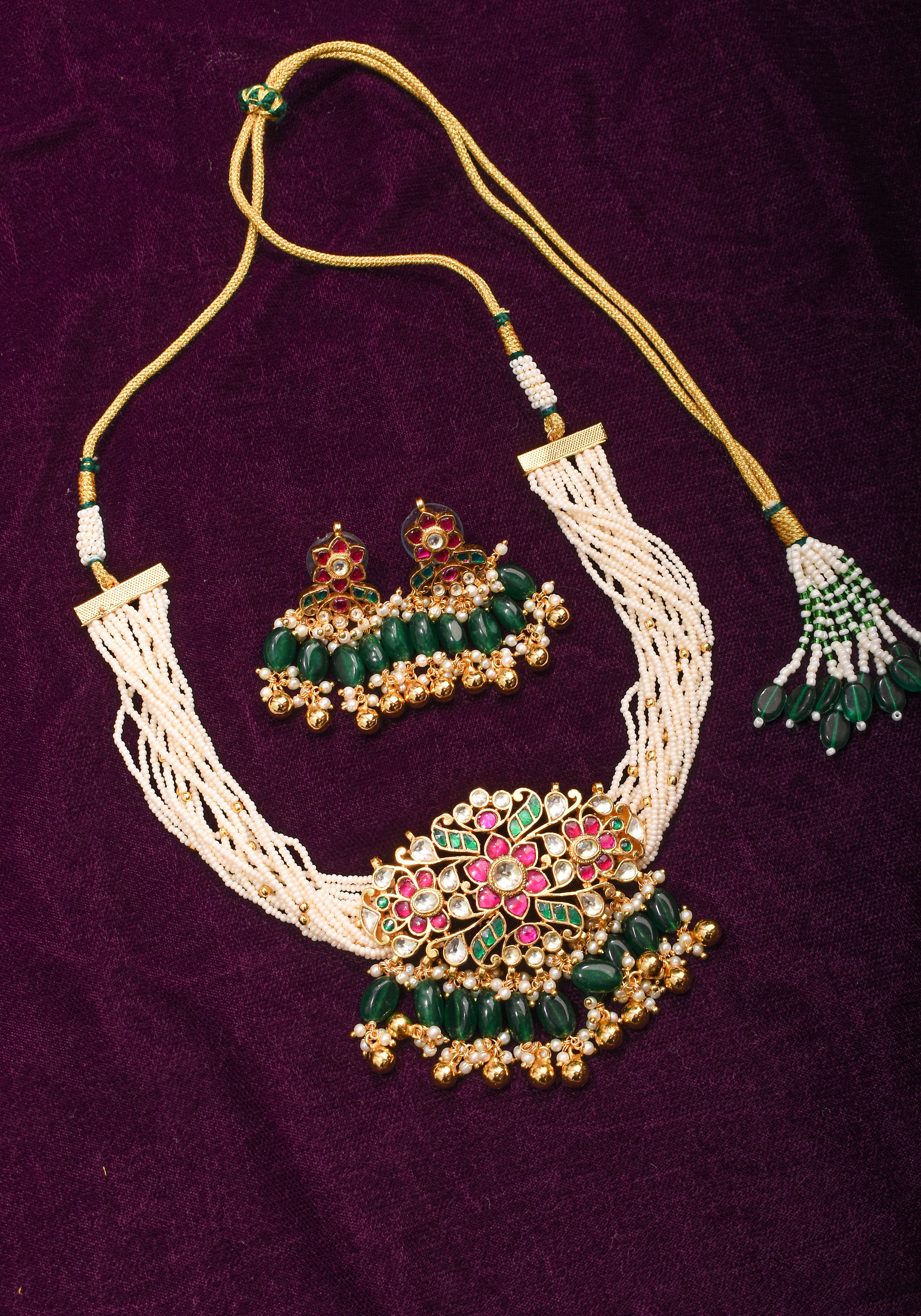 Ornate Jadau Floral Pendant on Multistrand Necklace with Green Dangling Beads and Matching Earrings