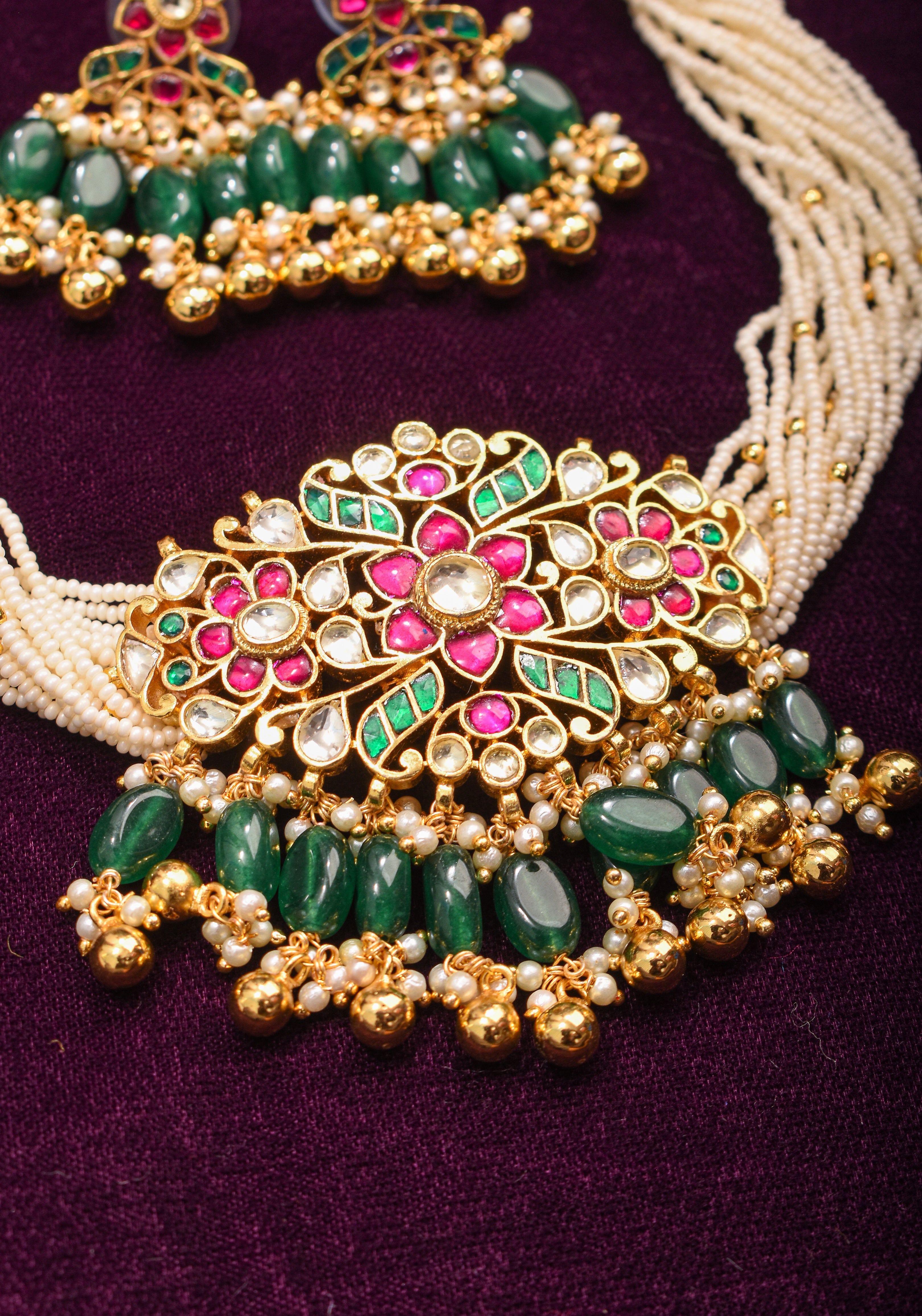 Ornate Jadau Floral Pendant on Multistrand Necklace with Green Dangling Beads and Matching Earrings