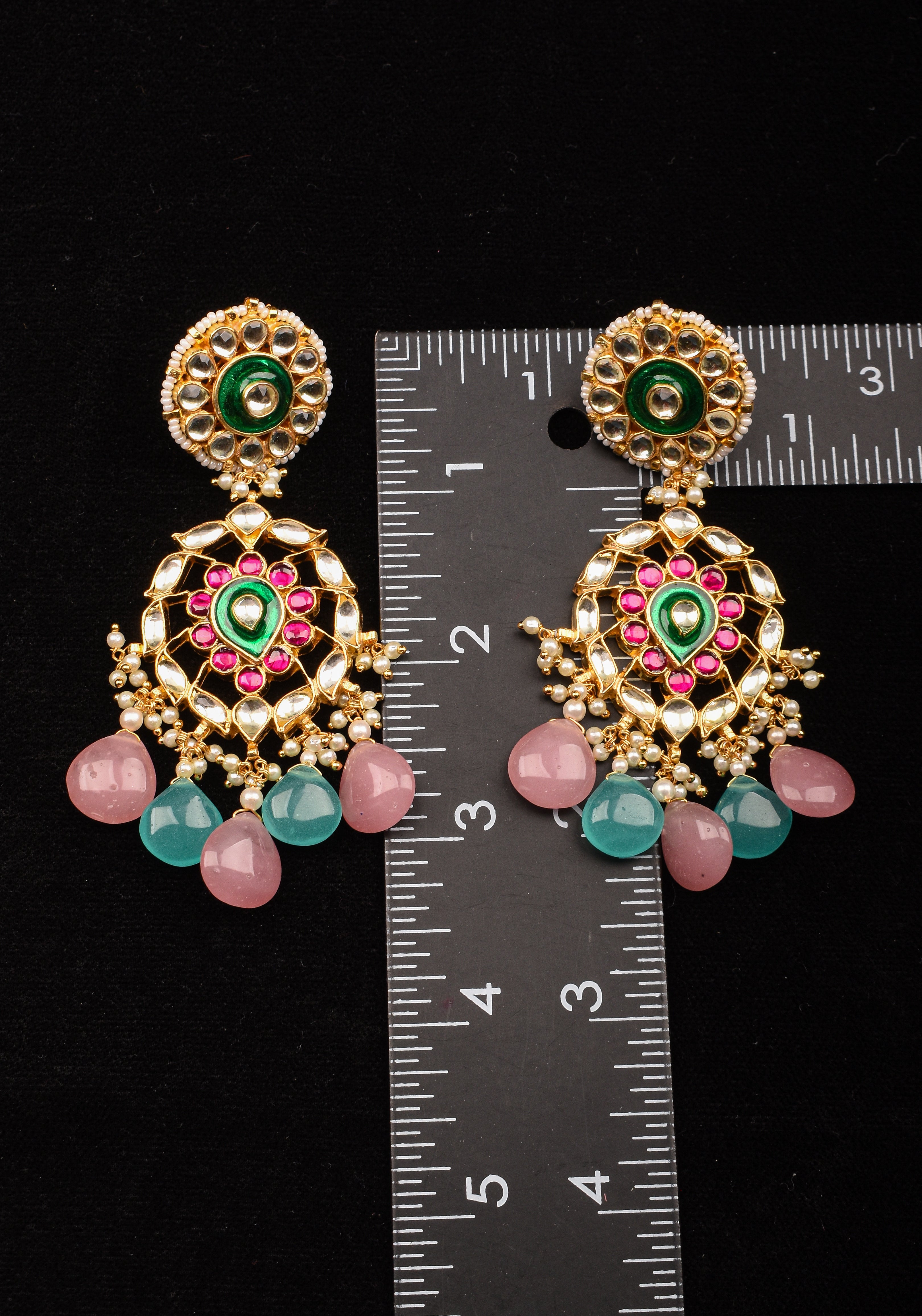 3.5" Mint and Pink stone Jadau Earrings