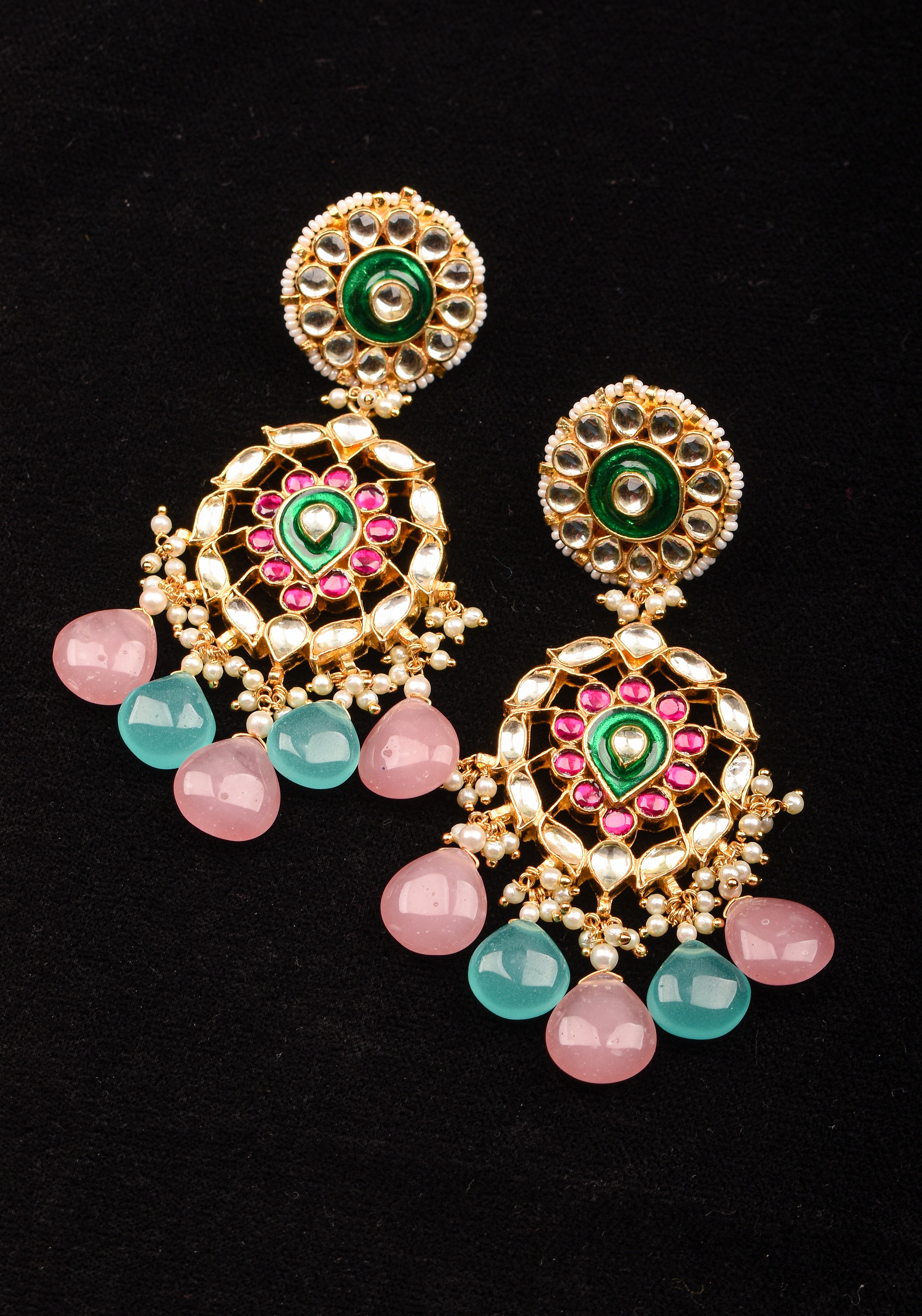 3.5" Mint and Pink stone Jadau Earrings