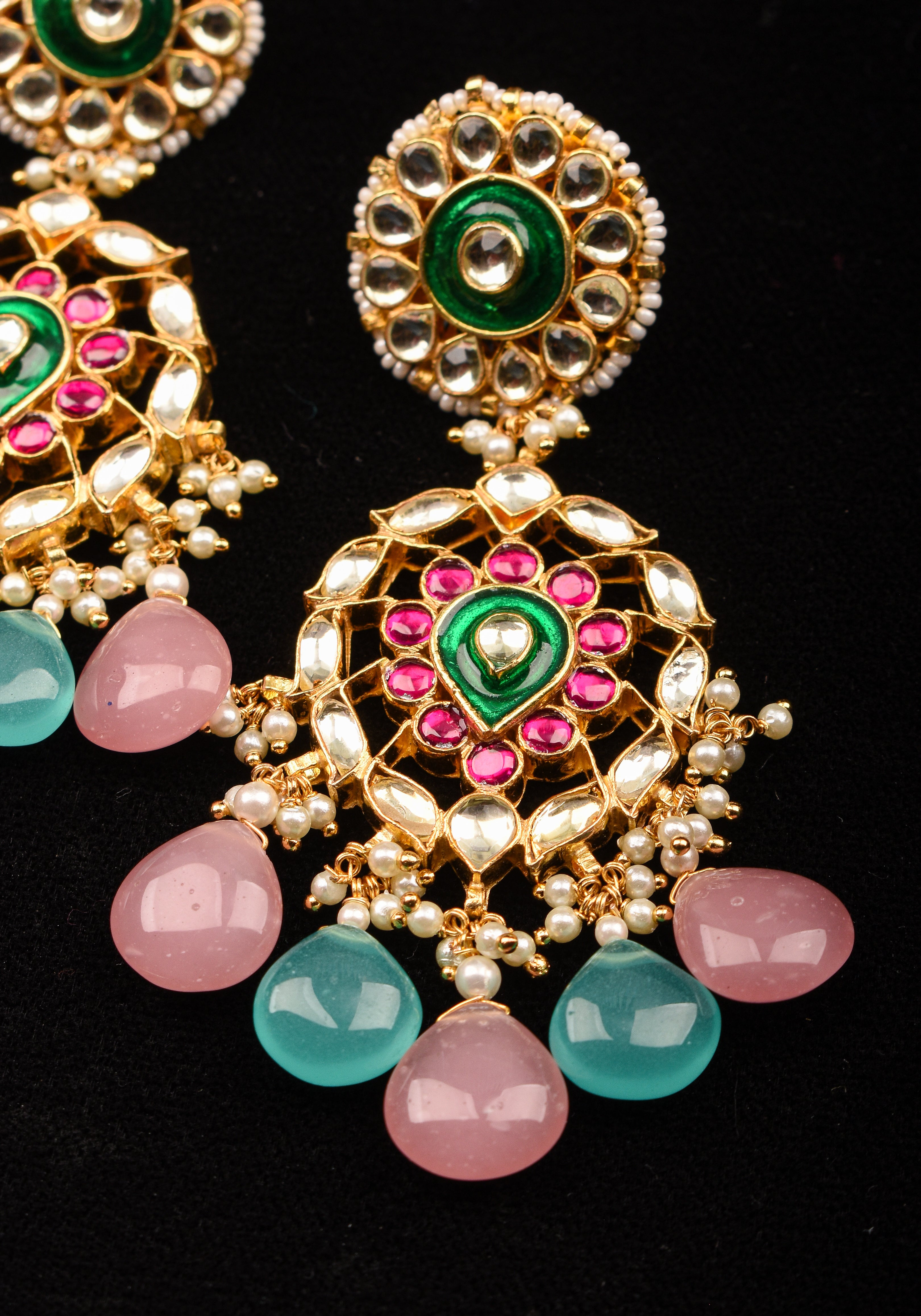 3.5" Mint and Pink stone Jadau Earrings