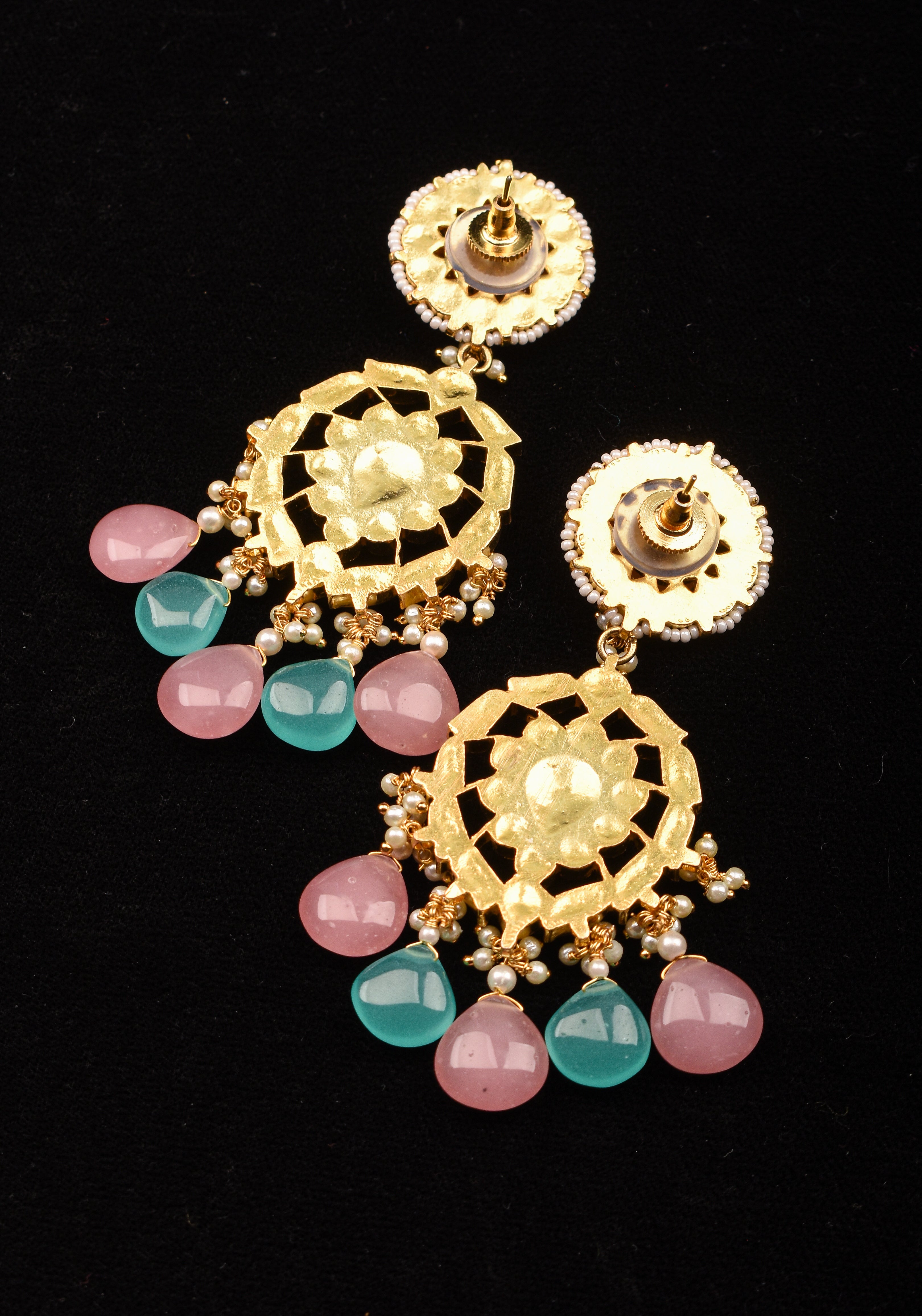 3.5" Mint and Pink stone Jadau Earrings