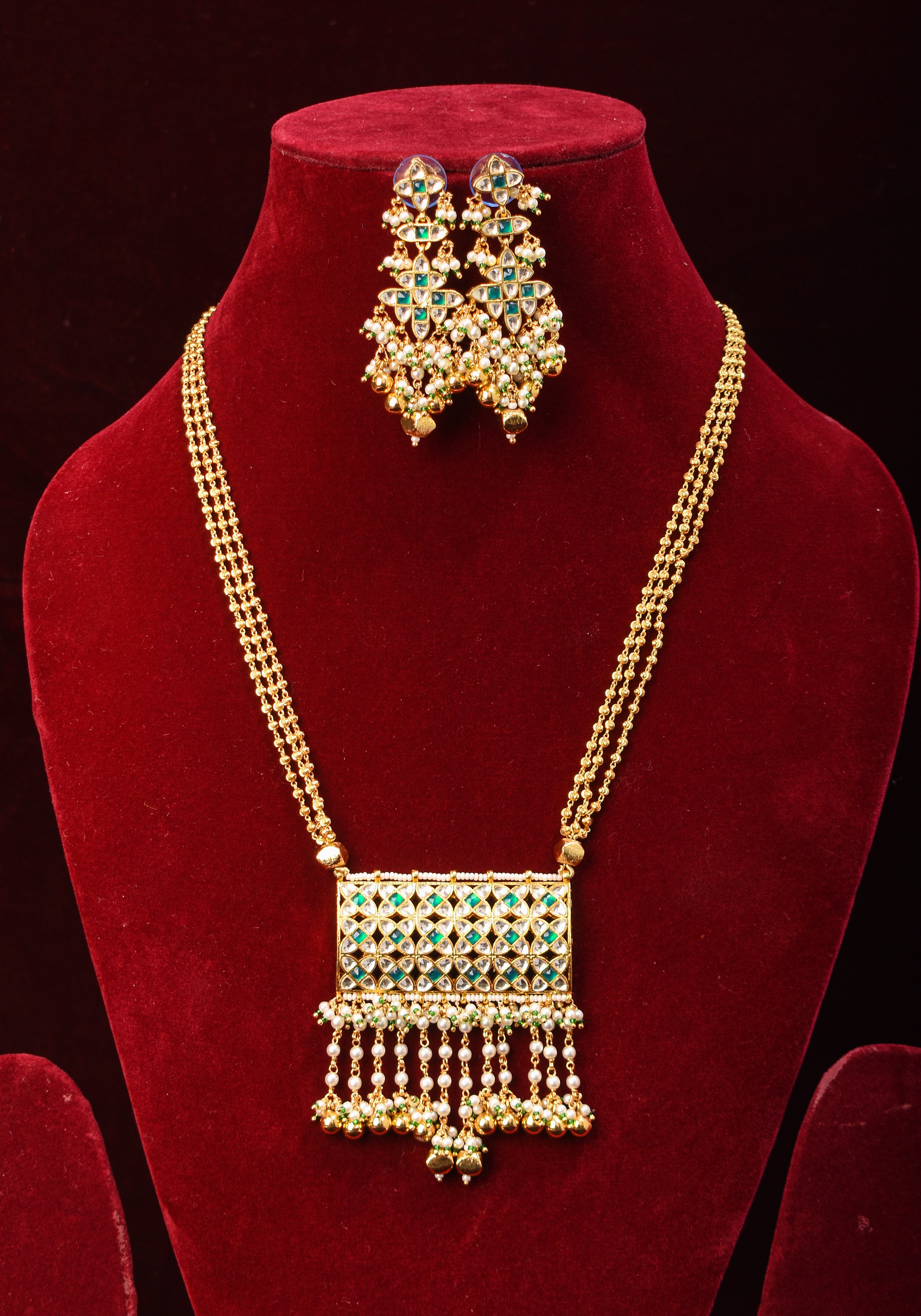 Rajwadi Rectangular Jadau Pendant with 3 strand necklace and dangling earrings, Microplated