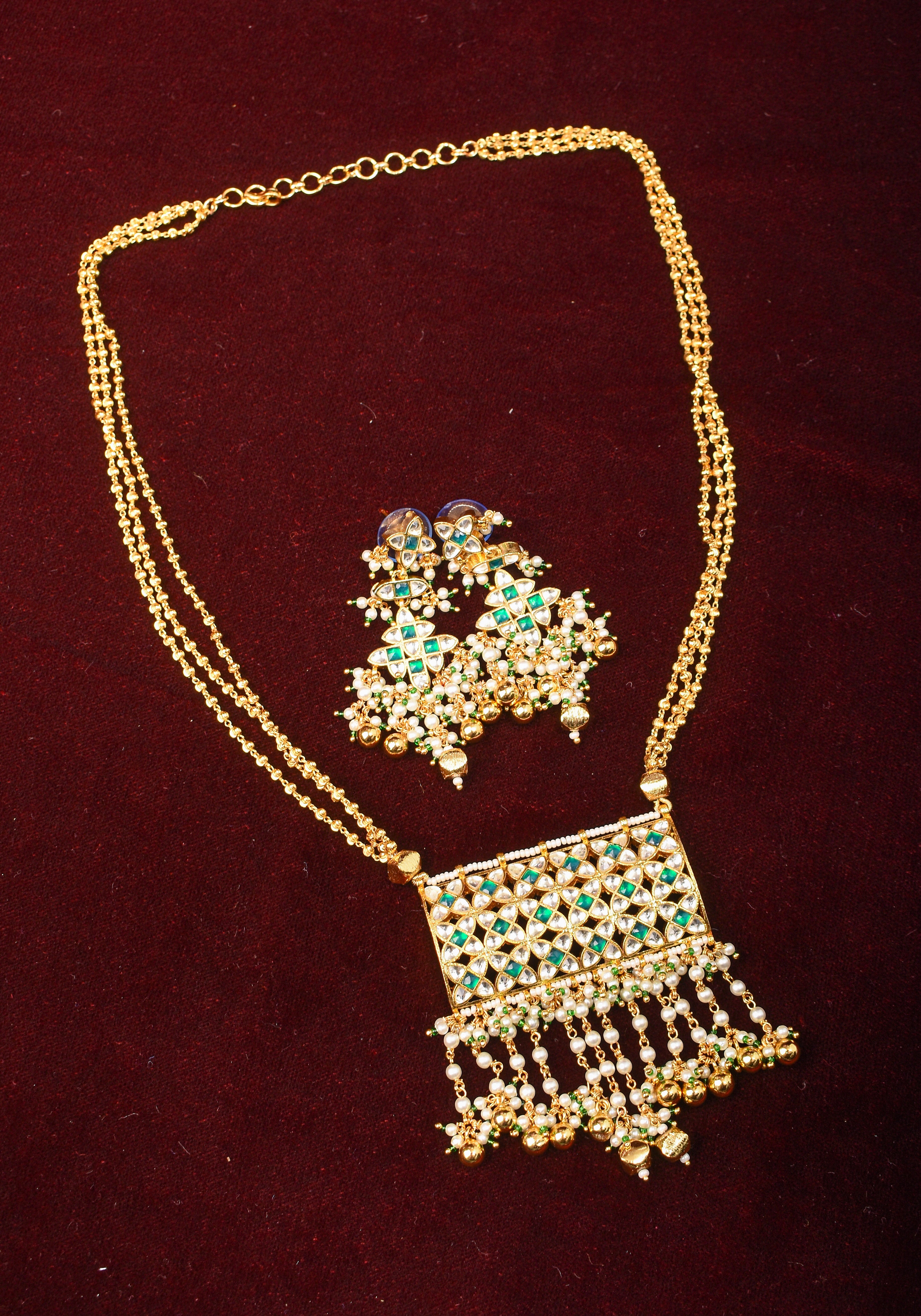 Rajwadi Rectangular Jadau Pendant with 3 strand necklace and dangling earrings, Microplated