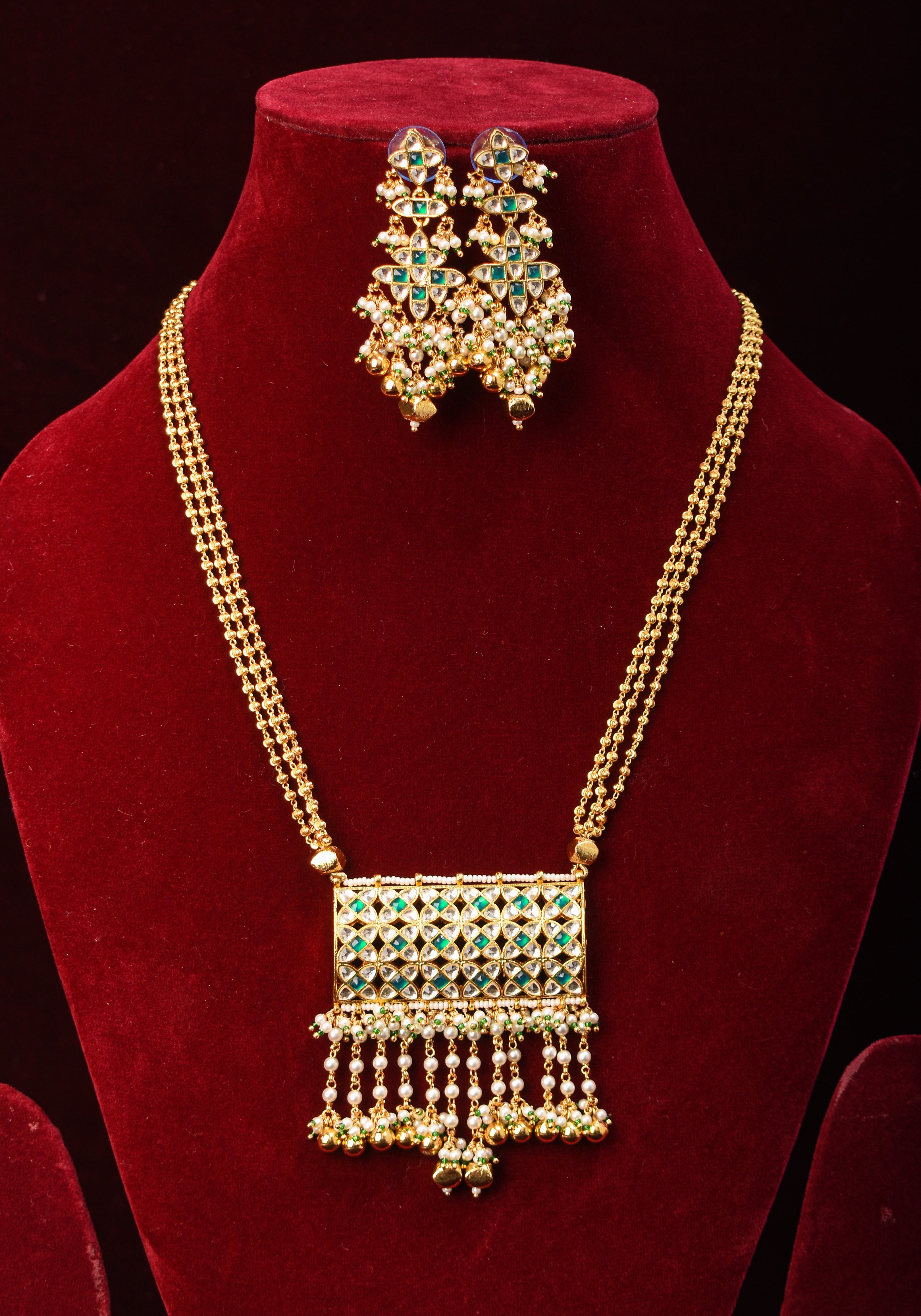 Rajwadi Rectangular Jadau Pendant with 3 strand necklace and dangling earrings, Microplated