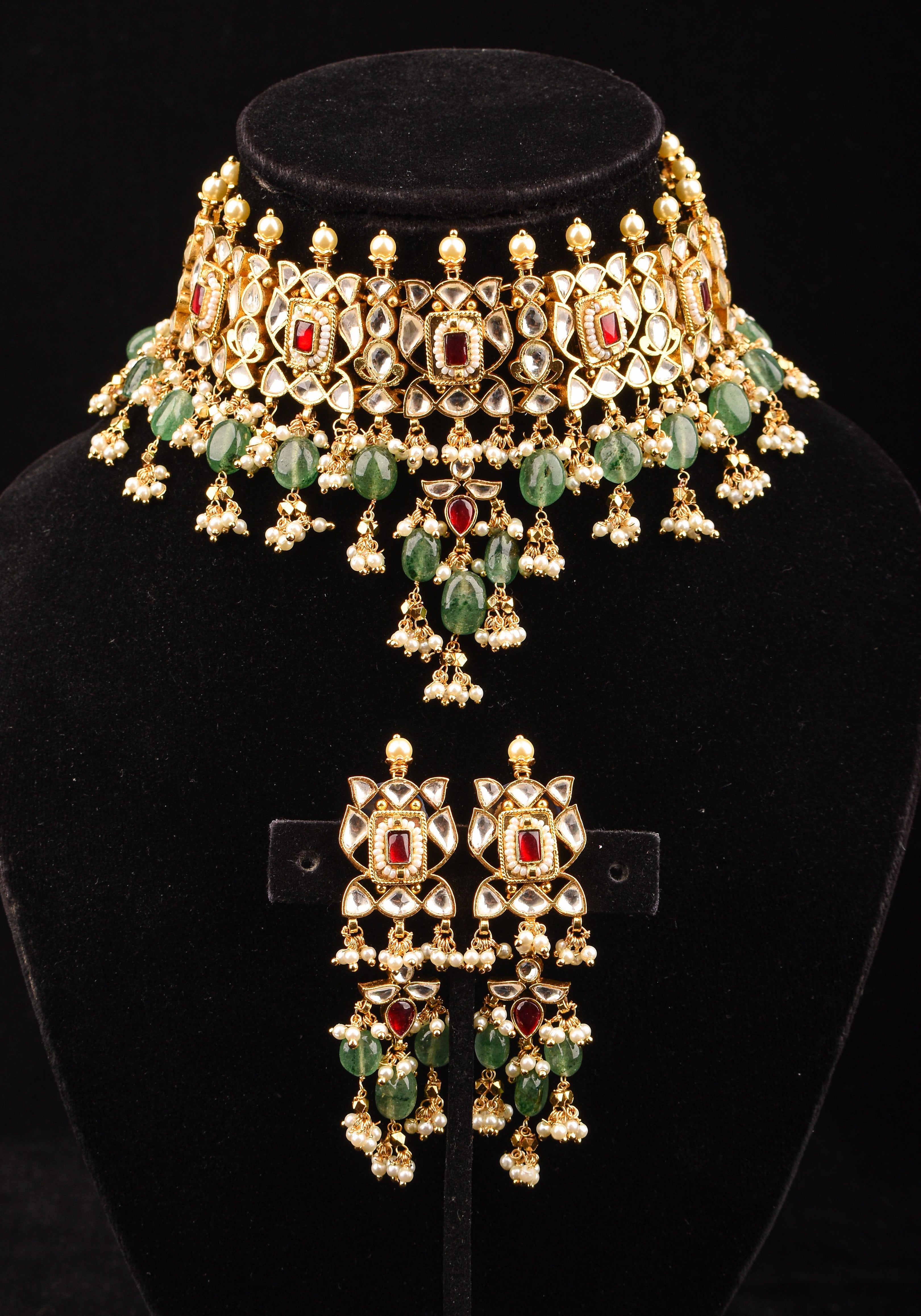 Rajwadi  Kundan Choker Set with Dangling Silt Green Beads & Pearls| Shobitam Jewelry