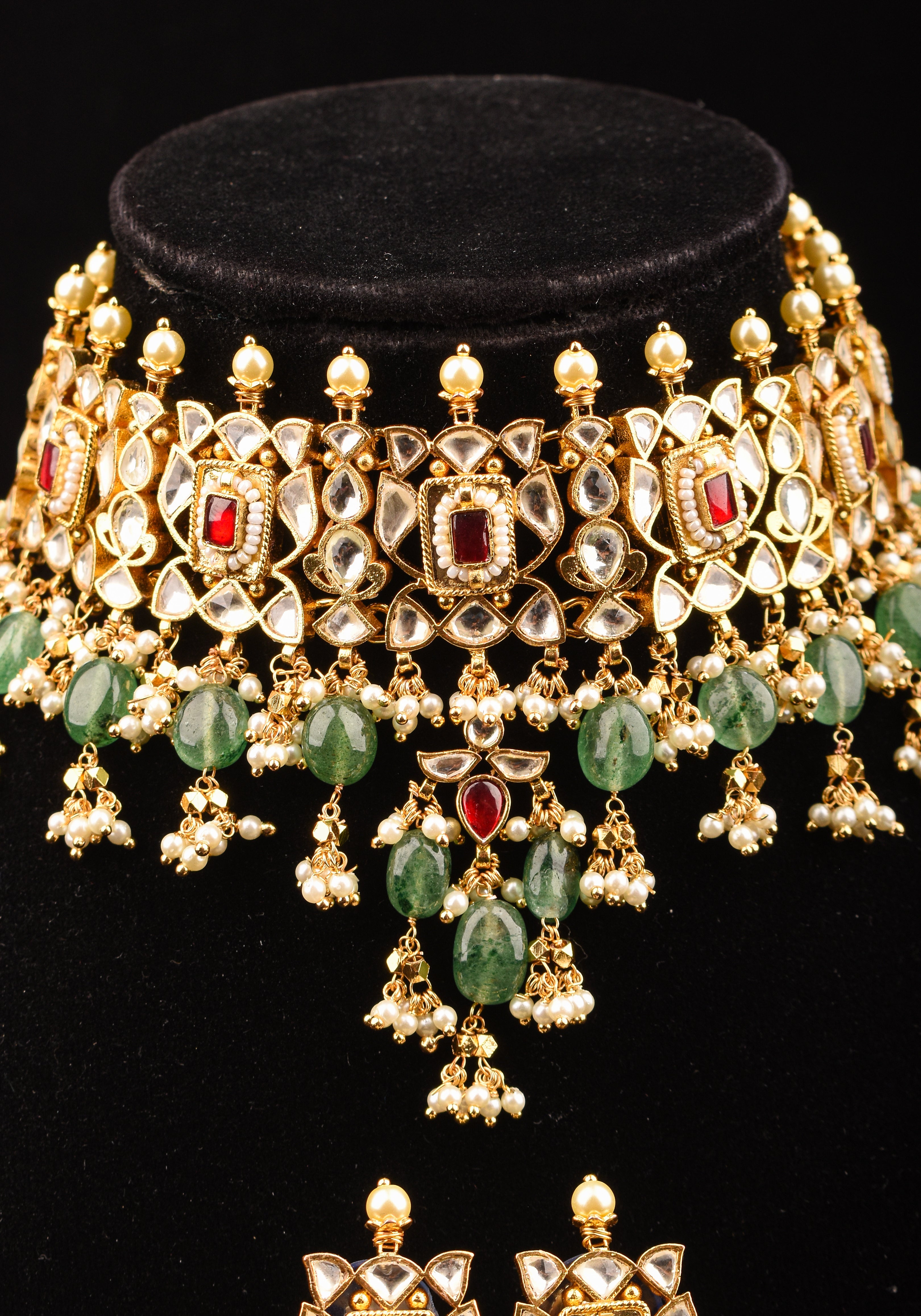 Rajwadi  Kundan Choker Set with Dangling Silt Green Beads & Pearls| Shobitam Jewelry