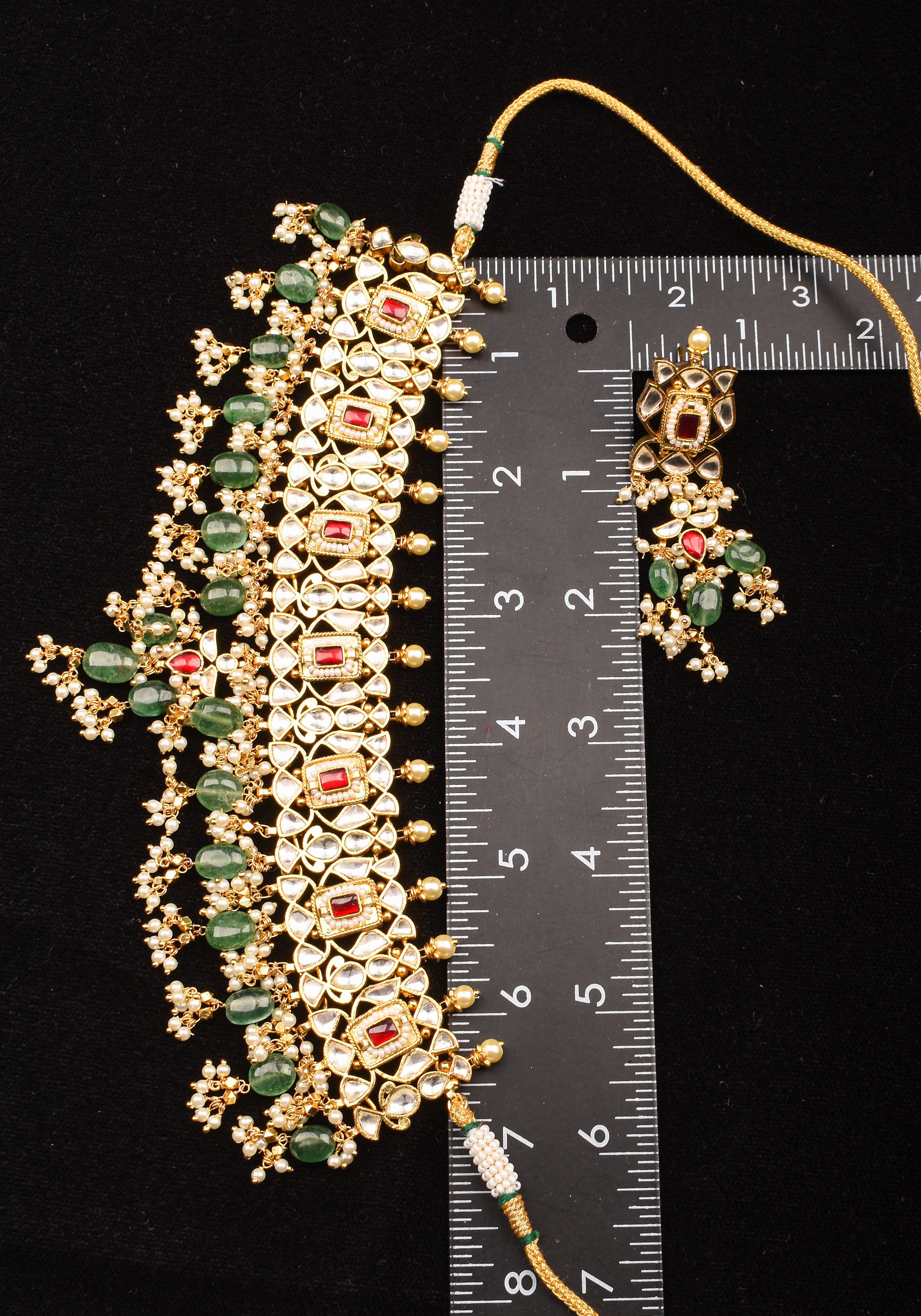 Rajwadi  Kundan Choker Set with Dangling Silt Green Beads & Pearls| Shobitam Jewelry