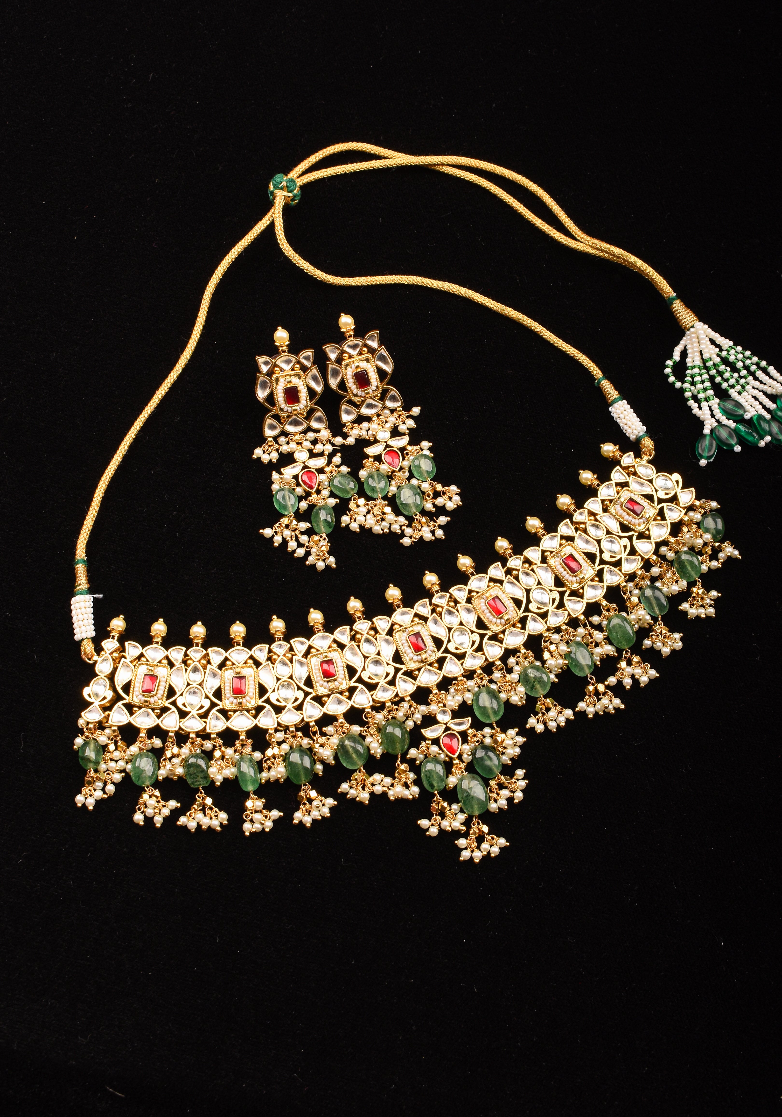 Rajwadi  Kundan Choker Set with Dangling Silt Green Beads & Pearls| Shobitam Jewelry