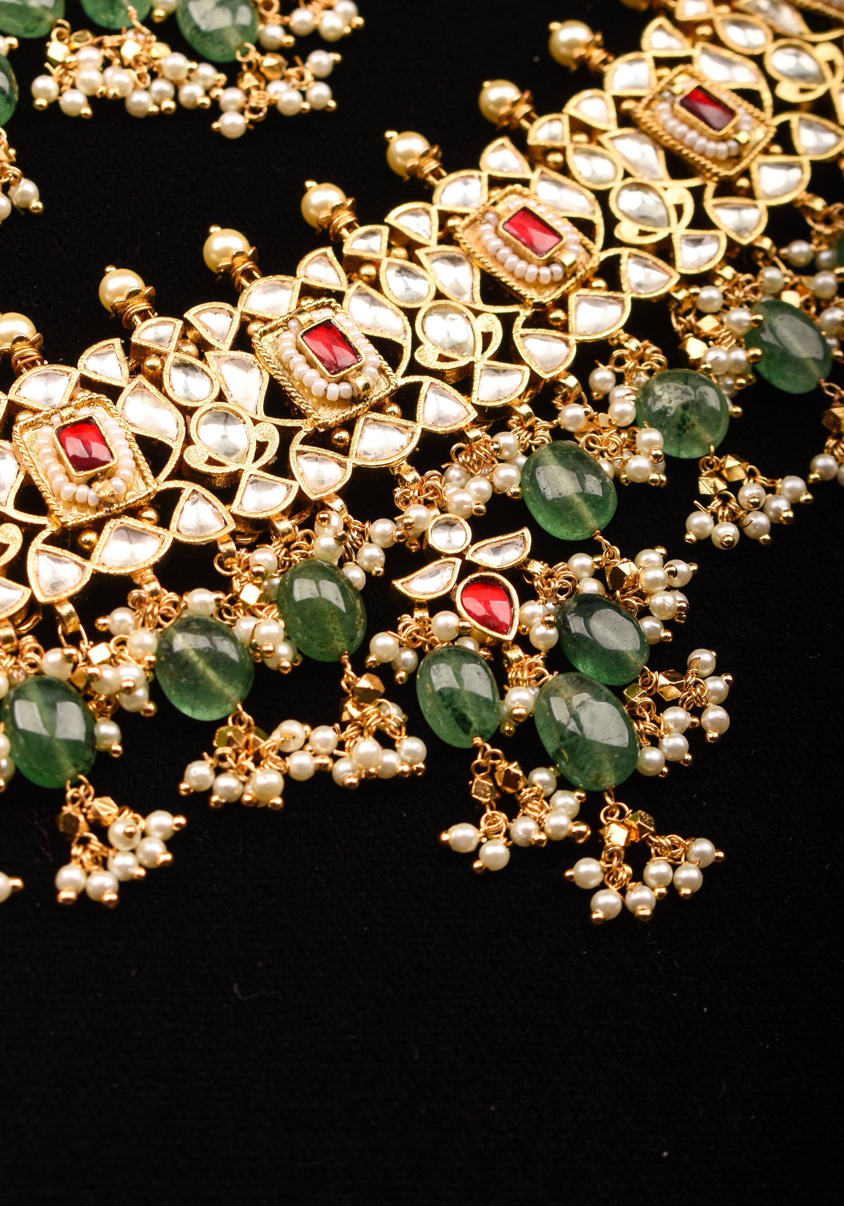 Rajwadi  Kundan Choker Set with Dangling Silt Green Beads & Pearls| Shobitam Jewelry