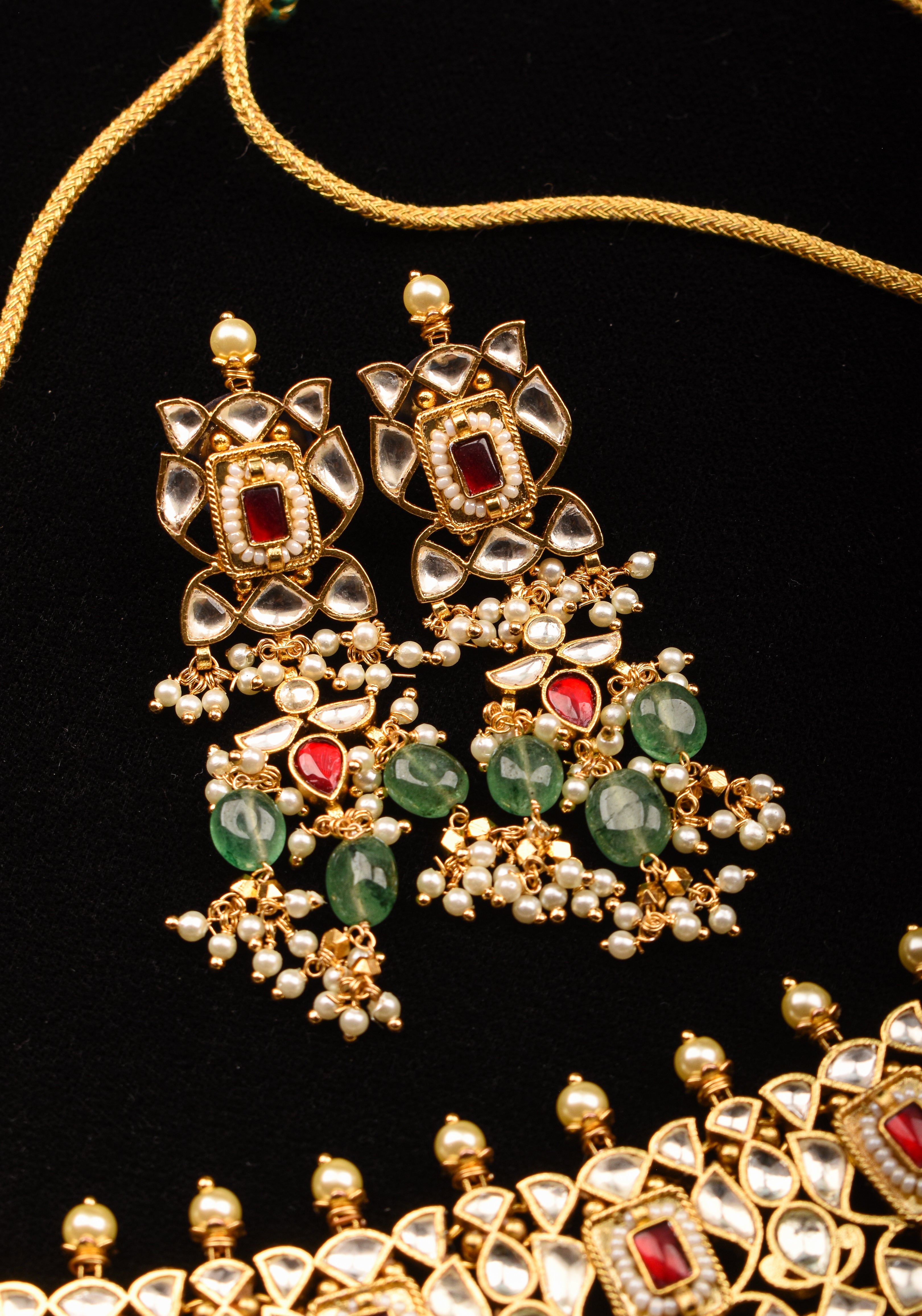 Rajwadi  Kundan Choker Set with Dangling Silt Green Beads & Pearls| Shobitam Jewelry