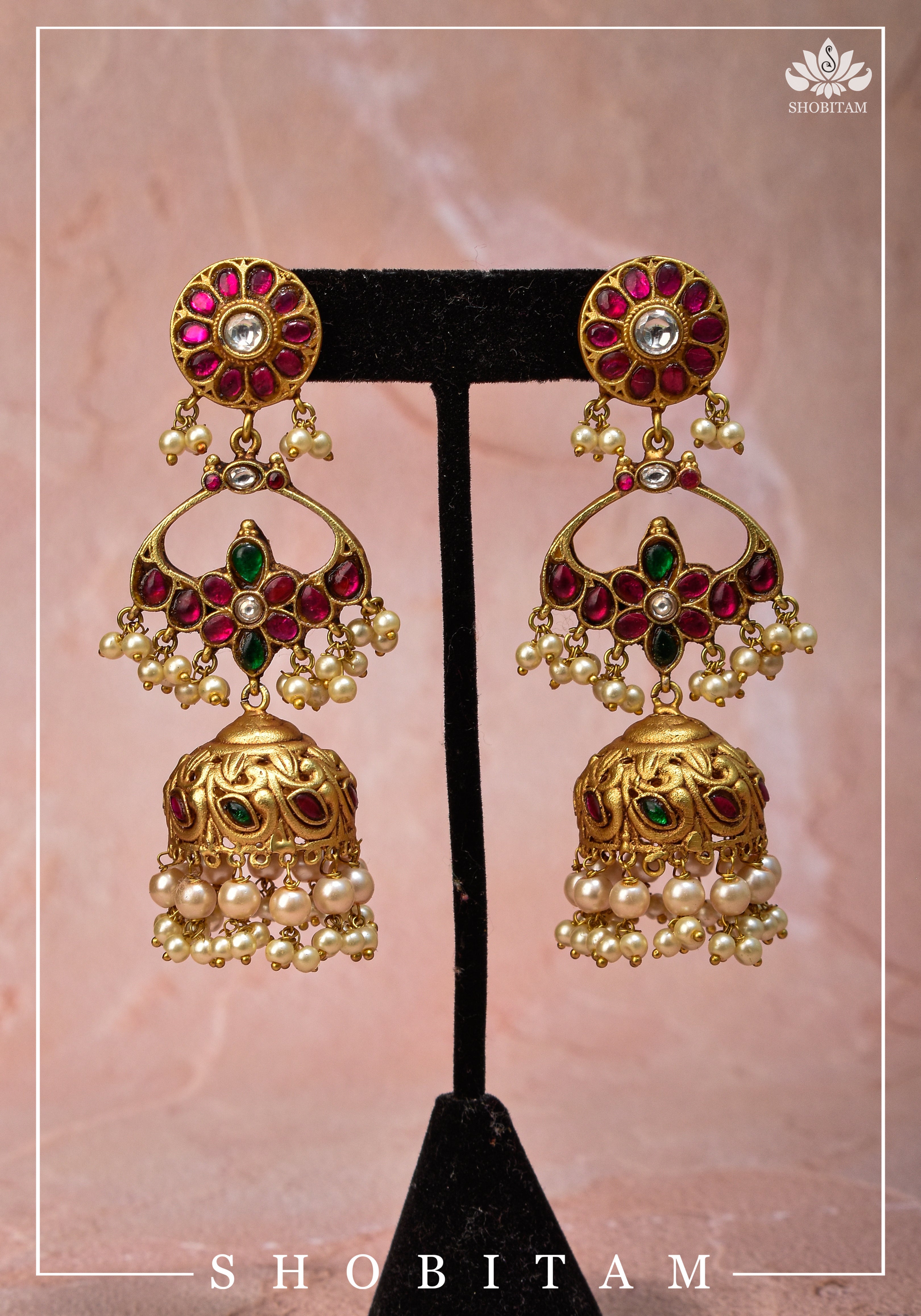 3.2" Kemp and pearl finish Jhumka  Earrings|. Shobitam Jewelry