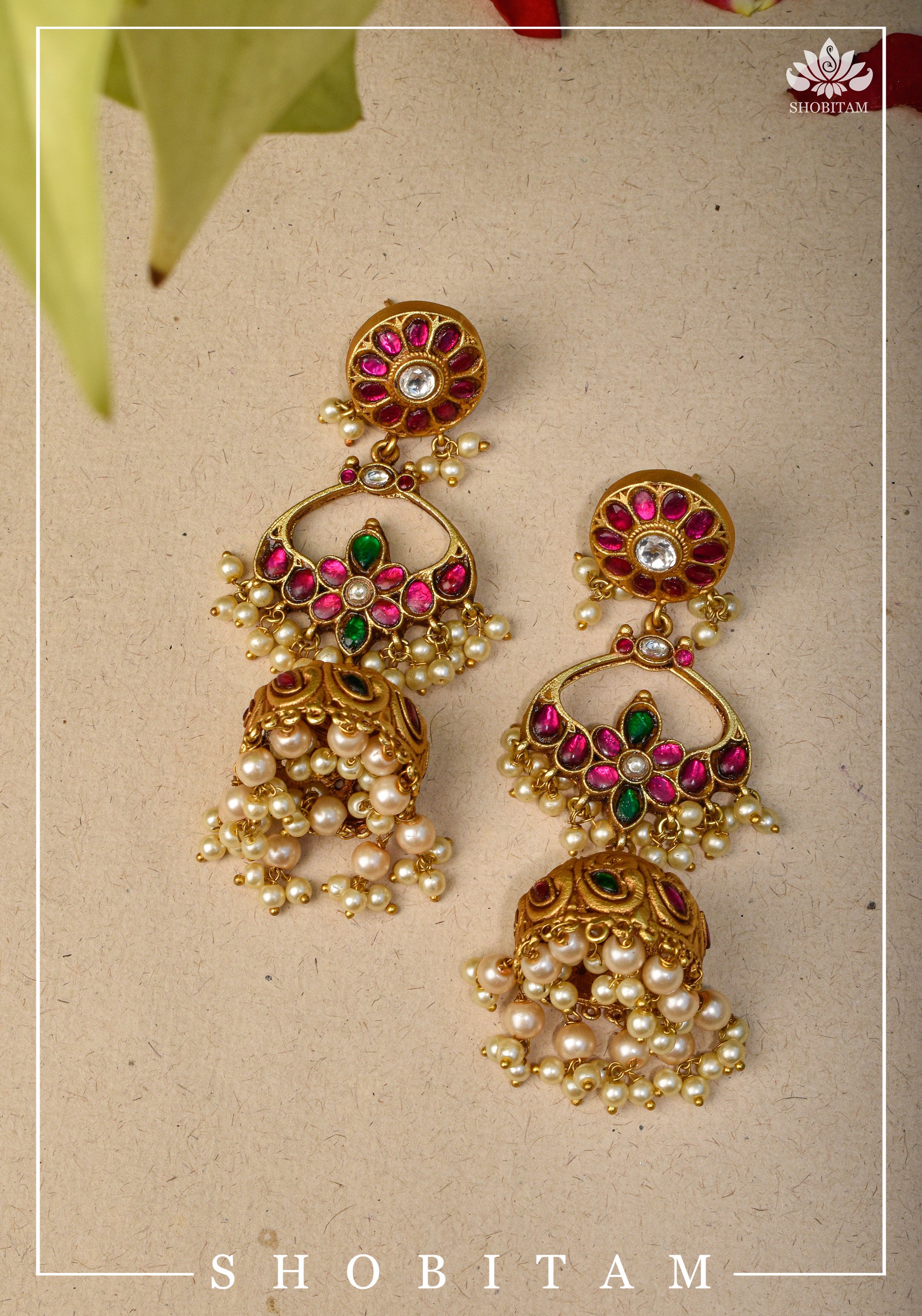 3.2" Kemp and pearl finish Jhumka  Earrings|. Shobitam Jewelry