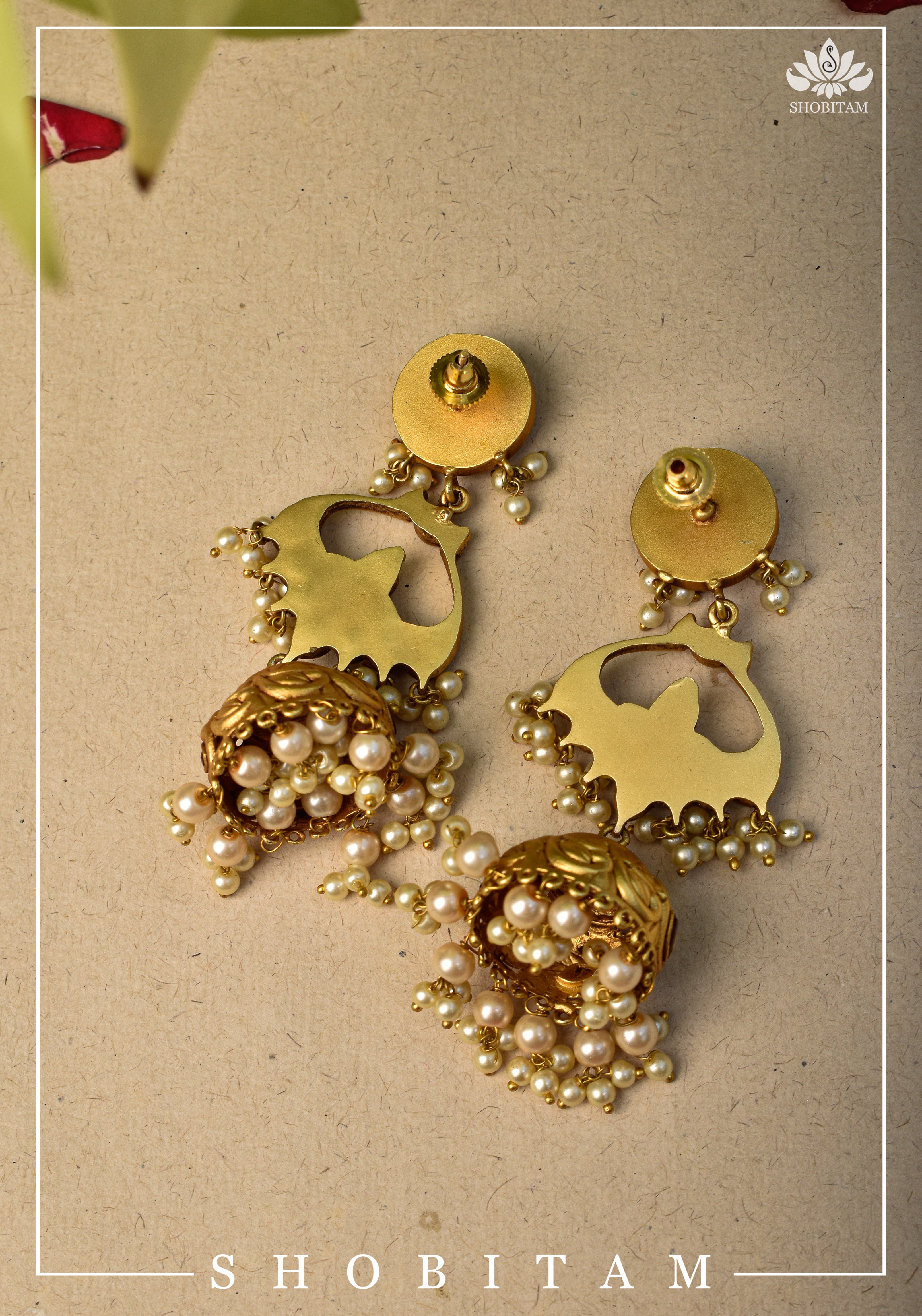 3.2" Kemp and pearl finish Jhumka  Earrings|. Shobitam Jewelry