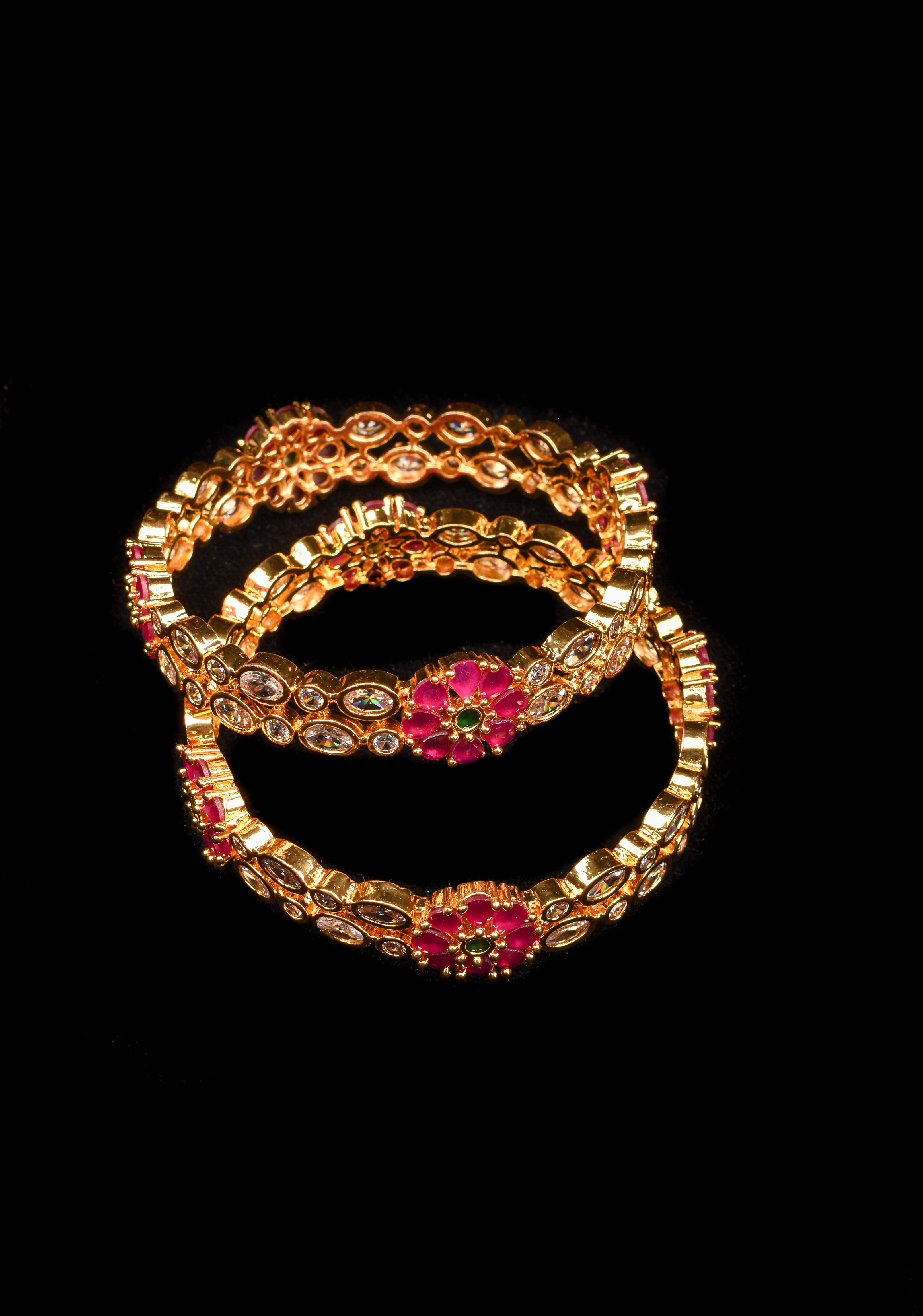 2.3 size white pink stone floral bangles - set of 2.