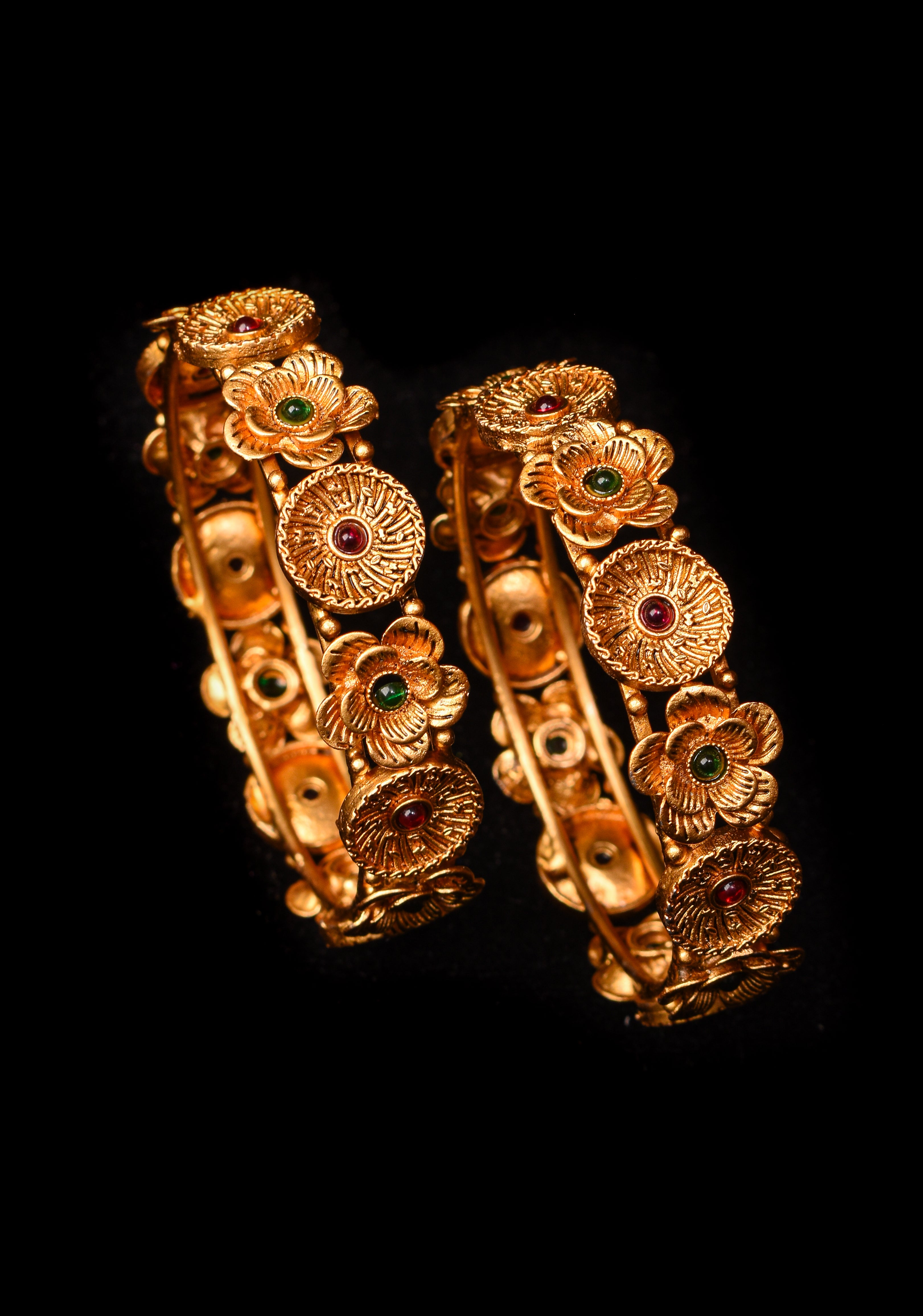 Bangles -  Antique Gold Floral Design red and green stone Bangles - 1 pair