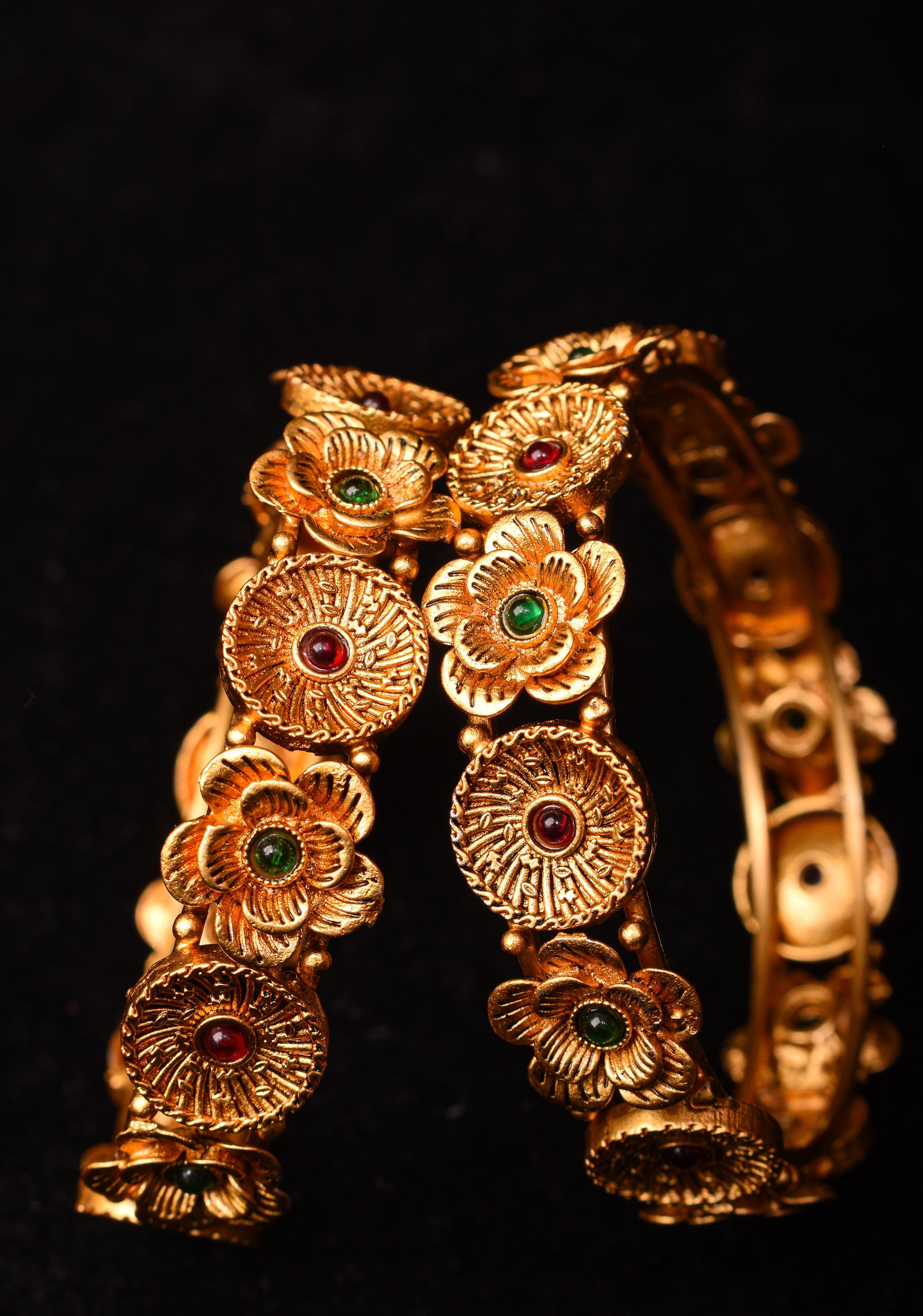 Bangles -  Antique Gold Floral Design red and green stone Bangles - 1 pair