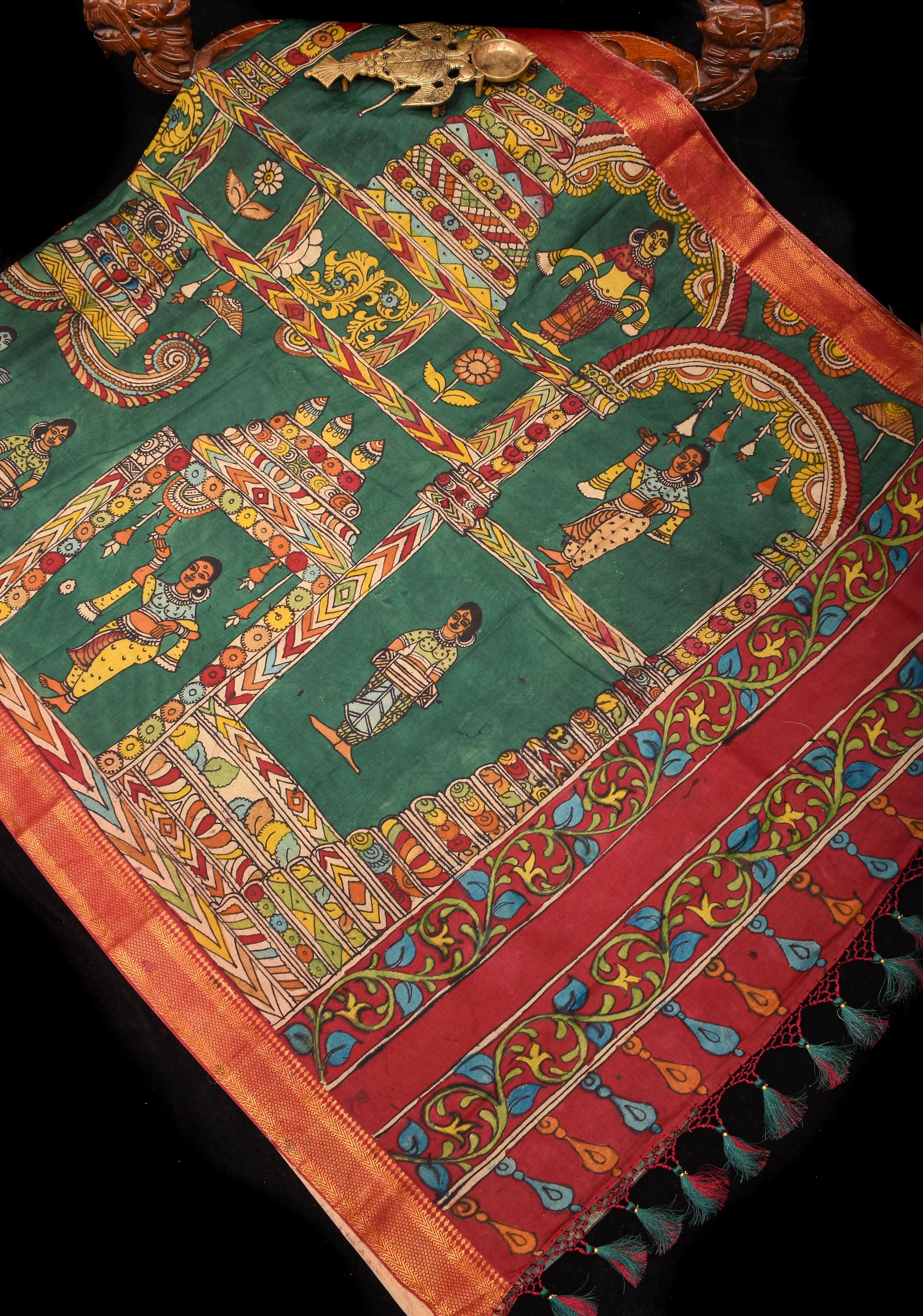 Rama Green Pen Kalamkari Saree in Pure Assam silk with Ornate Festival Theme with Red Nizam Borders  | SILK MARK CERTIFIED