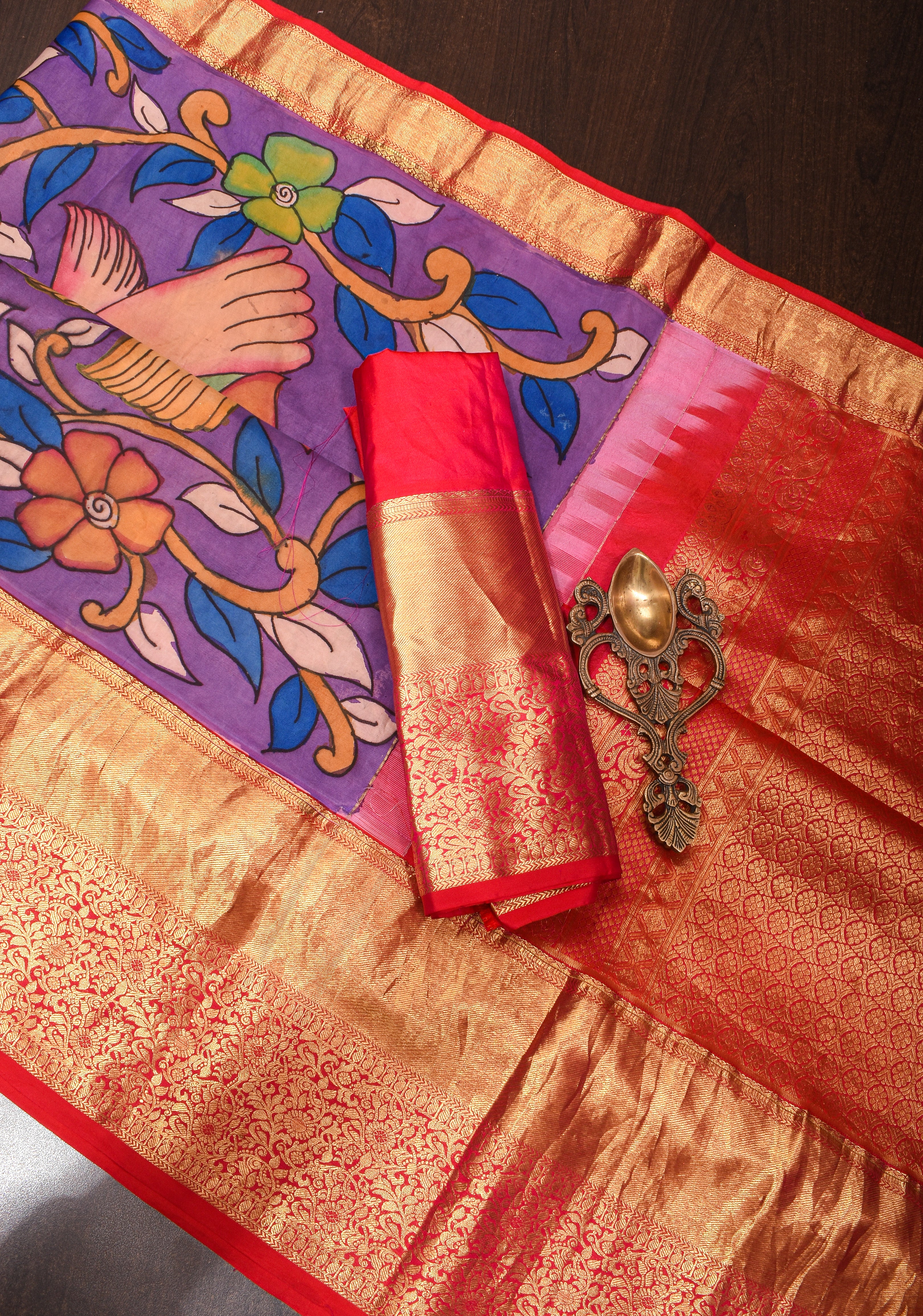 Birds and Floral : Authentic Pen kalamkari on pure Kanjivaram Silk Saree With Zari Wide Border| SILK MARK CERTIFIED