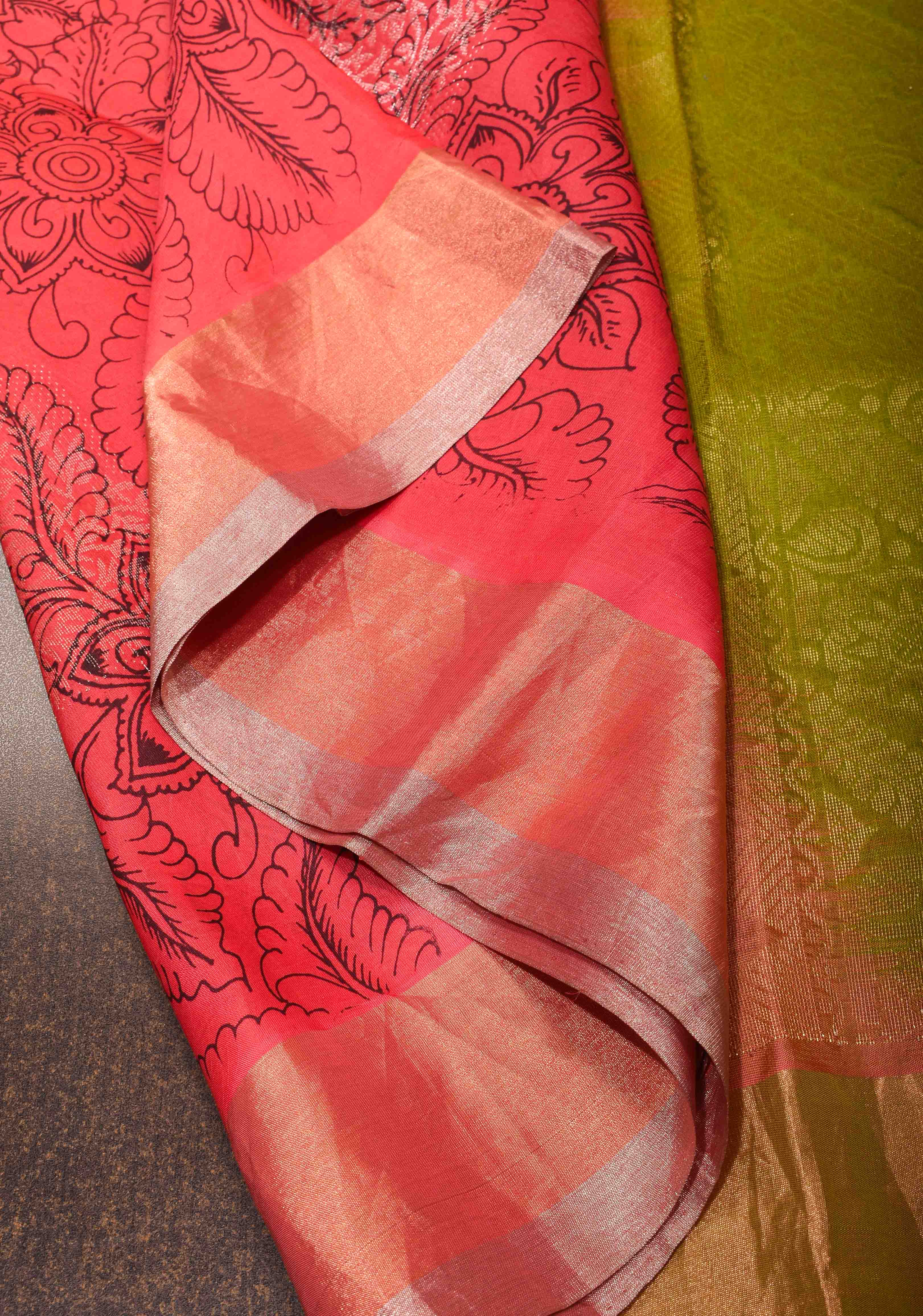 Pen kalamkari Sketch only on Soft Silk Saree in Brick Red With Zari Border | SILK MARK CERTIFIED