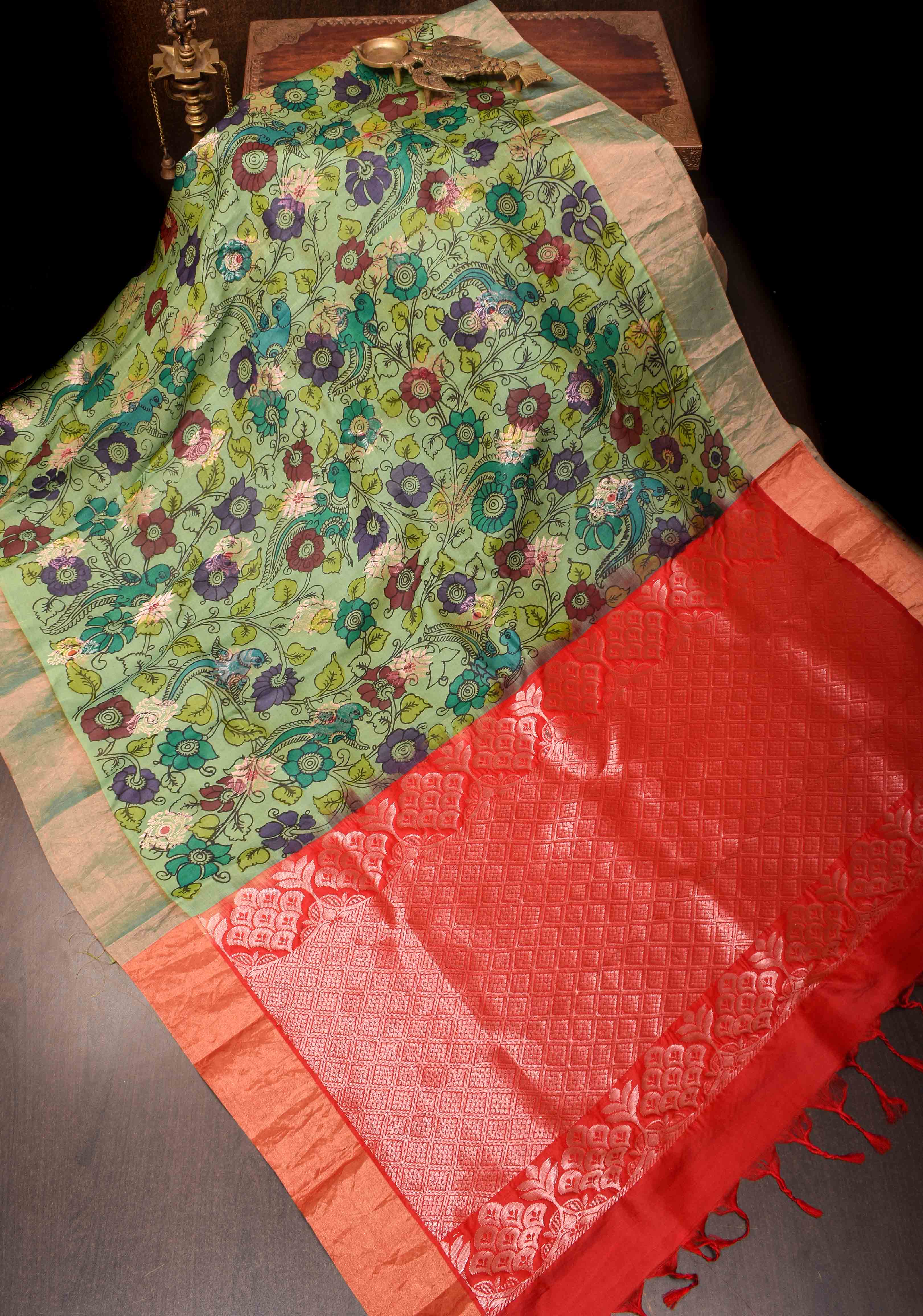 Authentic Floral Pen Kalamkari on Pure Raw Silk Silk saree in Green with wide zari Borders | SILK MARK CERTIFIED