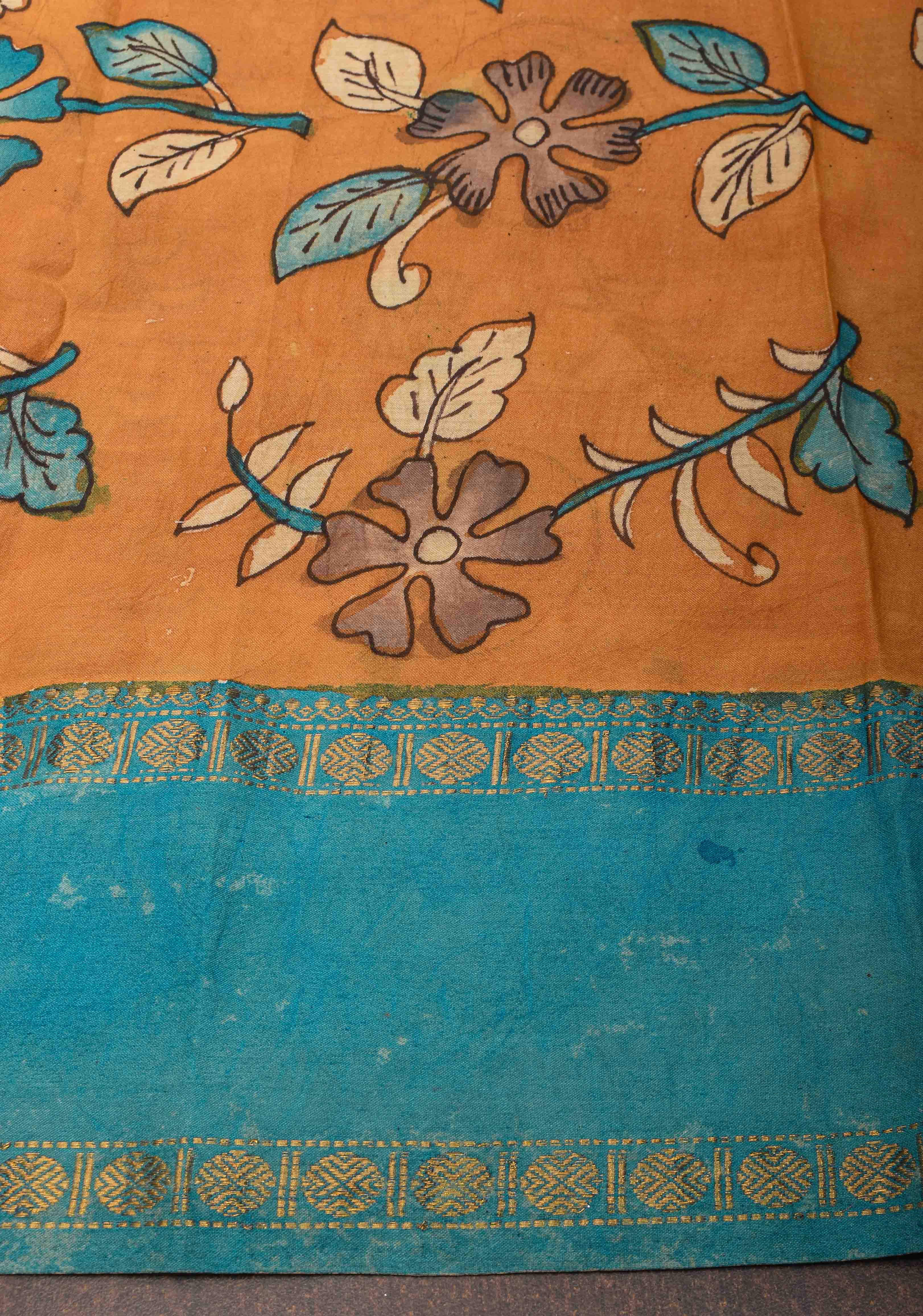 Floral Theme : Grey Authentic Pen kalamkari on pure Chennuri Silk Saree with Border | SILK MARK CERTIFIED