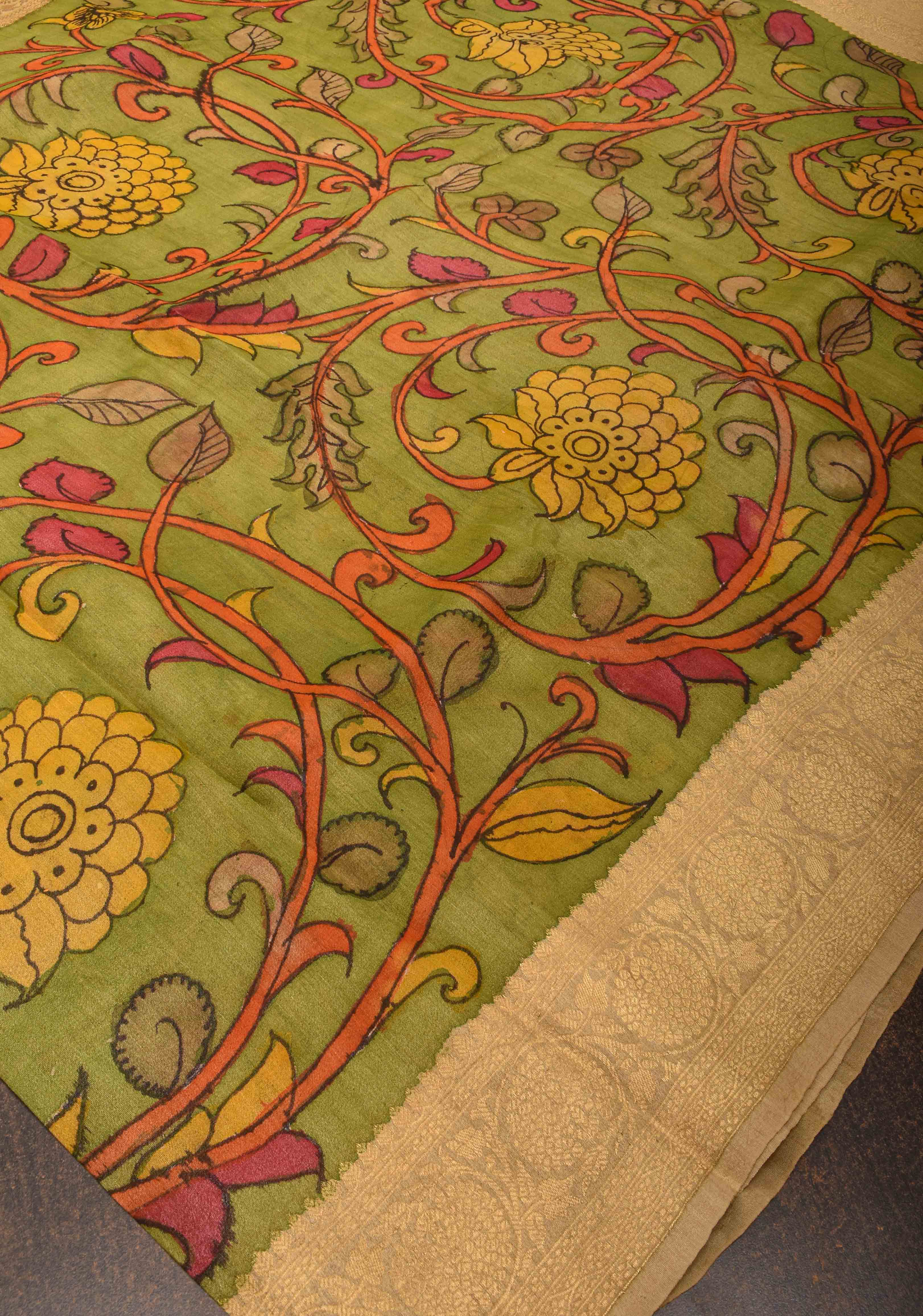 Light Green Authentic Floral Pen Kalamkari on Banarasi tussar Silk saree with zari Borders | SILK MARK CERTIFIED