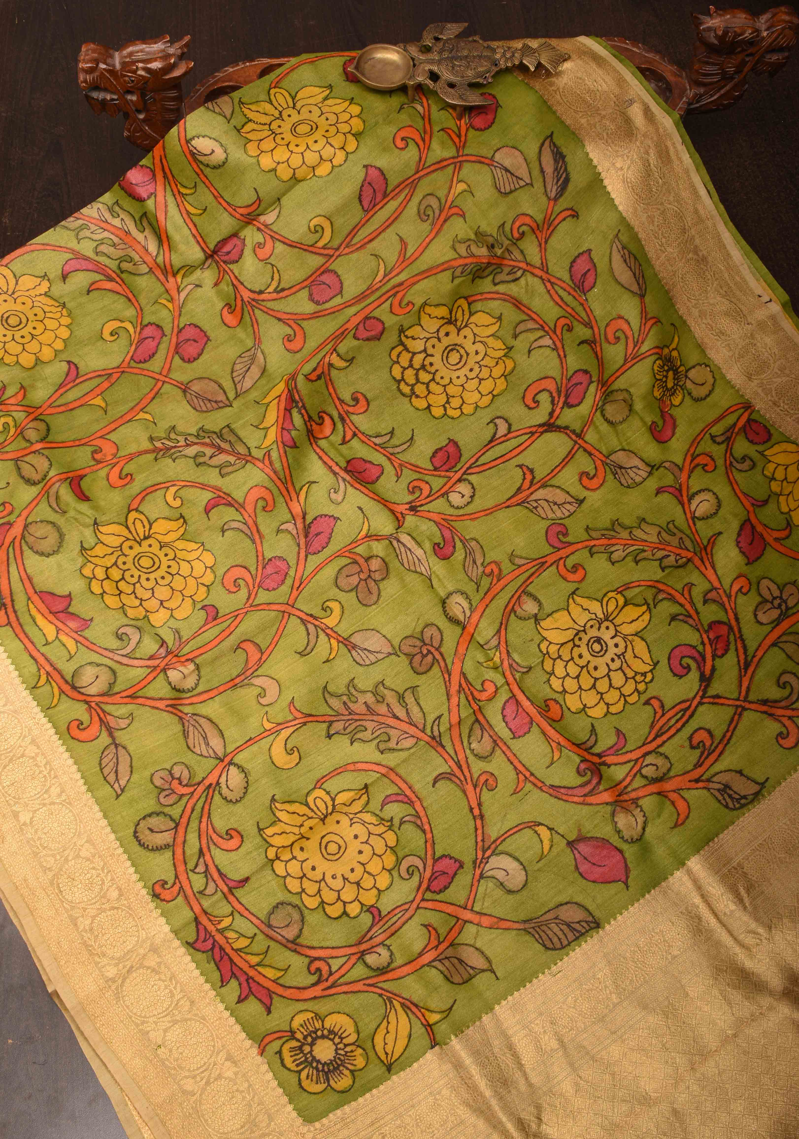 Light Green Authentic Floral Pen Kalamkari on Banarasi tussar Silk saree with zari Borders | SILK MARK CERTIFIED