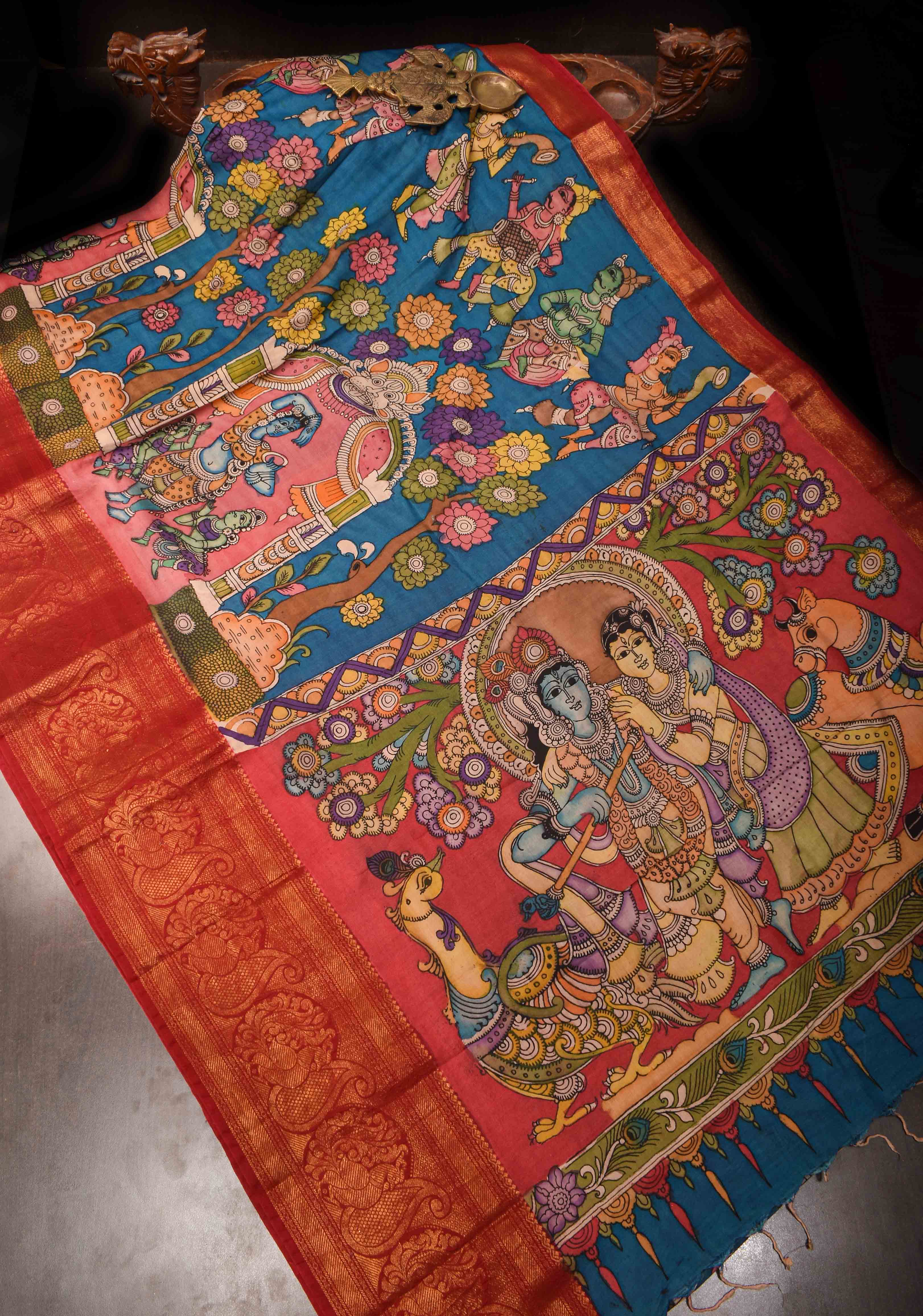 Radhakrishna and Dancing Queens : Authentic Pen kalamkari on pure Chennuri Silk Saree with Wide Zari Border