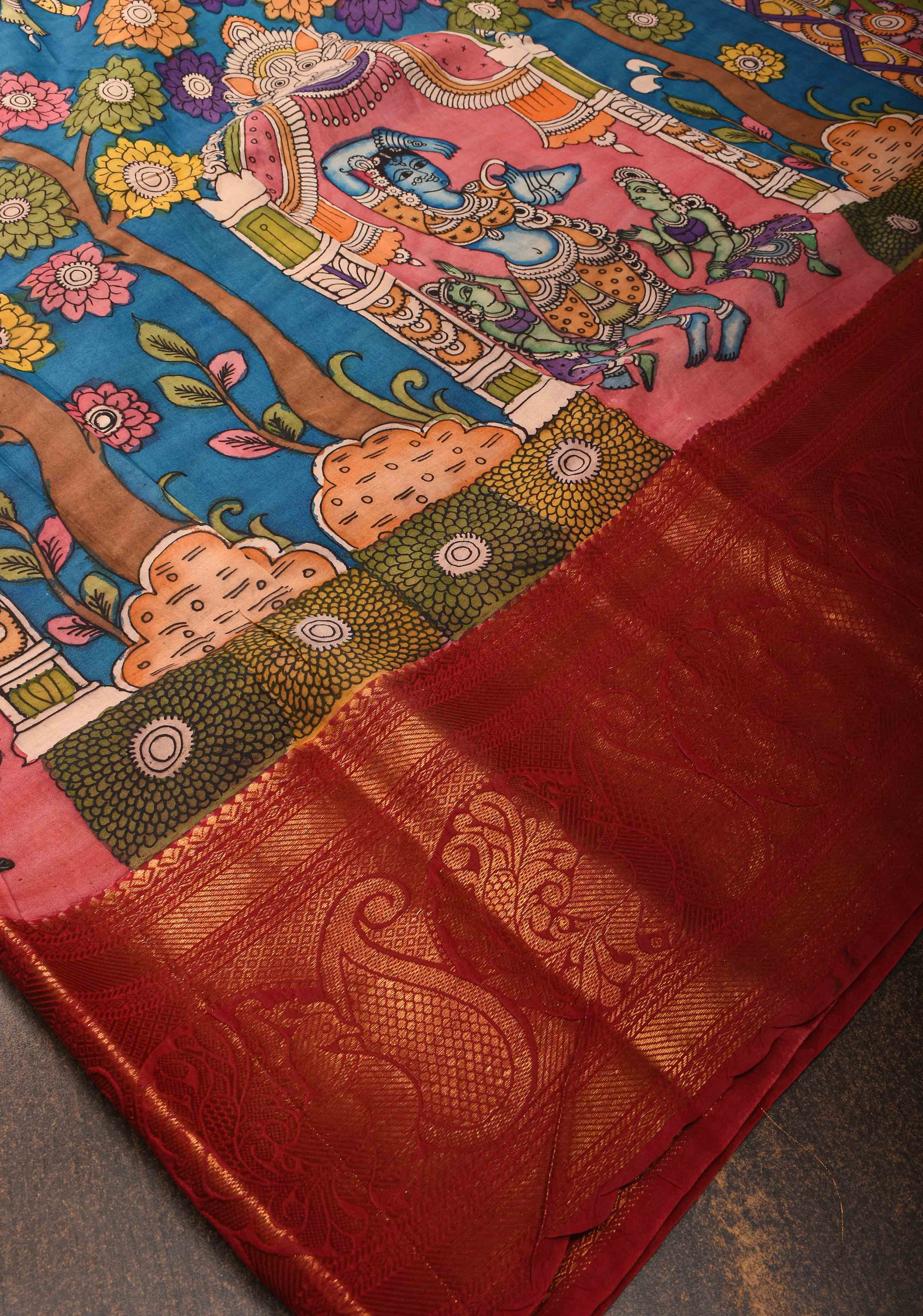 Radhakrishna and Dancing Queens : Authentic Pen kalamkari on pure Chennuri Silk Saree with Wide Zari Border