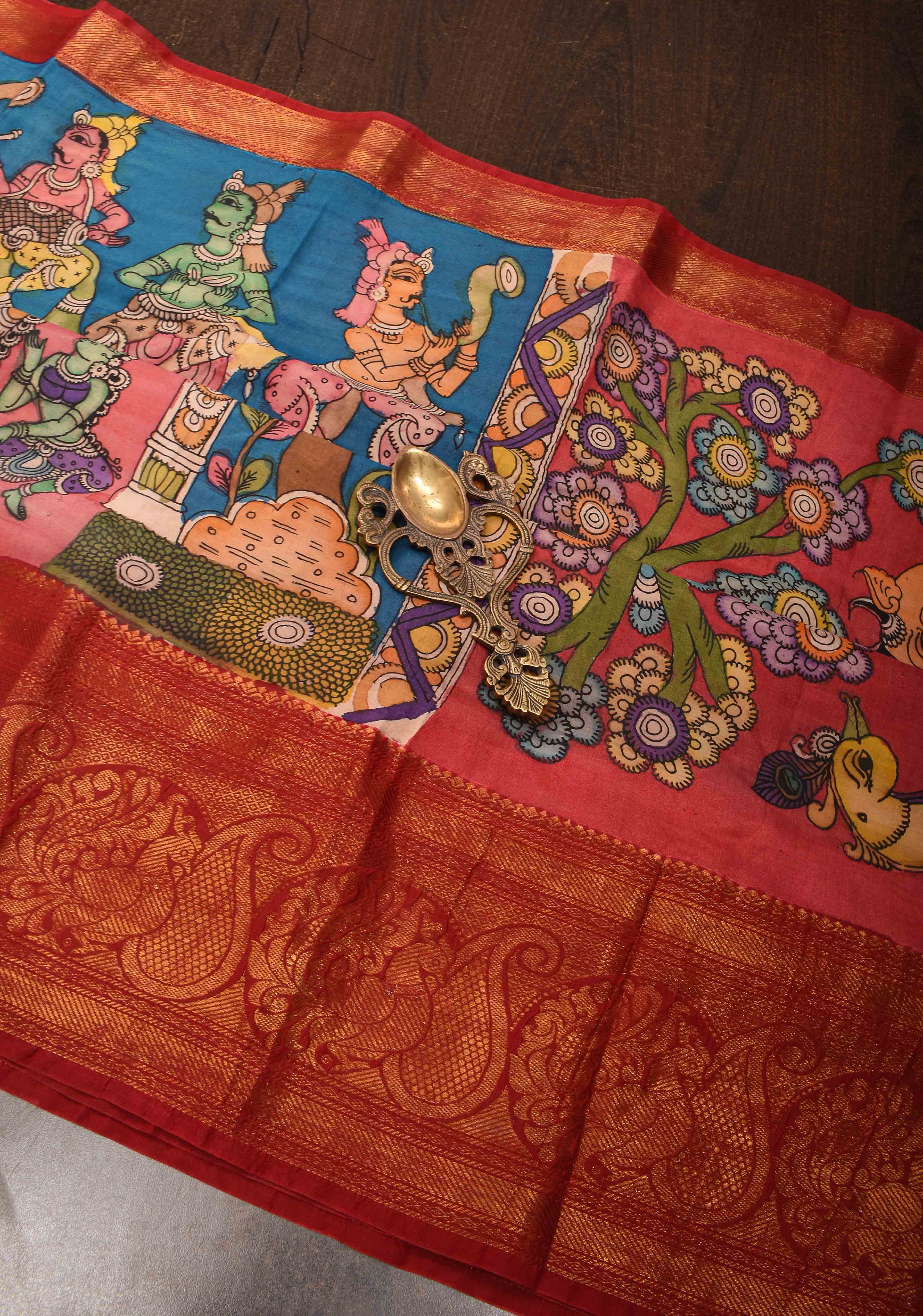 Radhakrishna and Dancing Queens : Authentic Pen kalamkari on pure Chennuri Silk Saree with Wide Zari Border