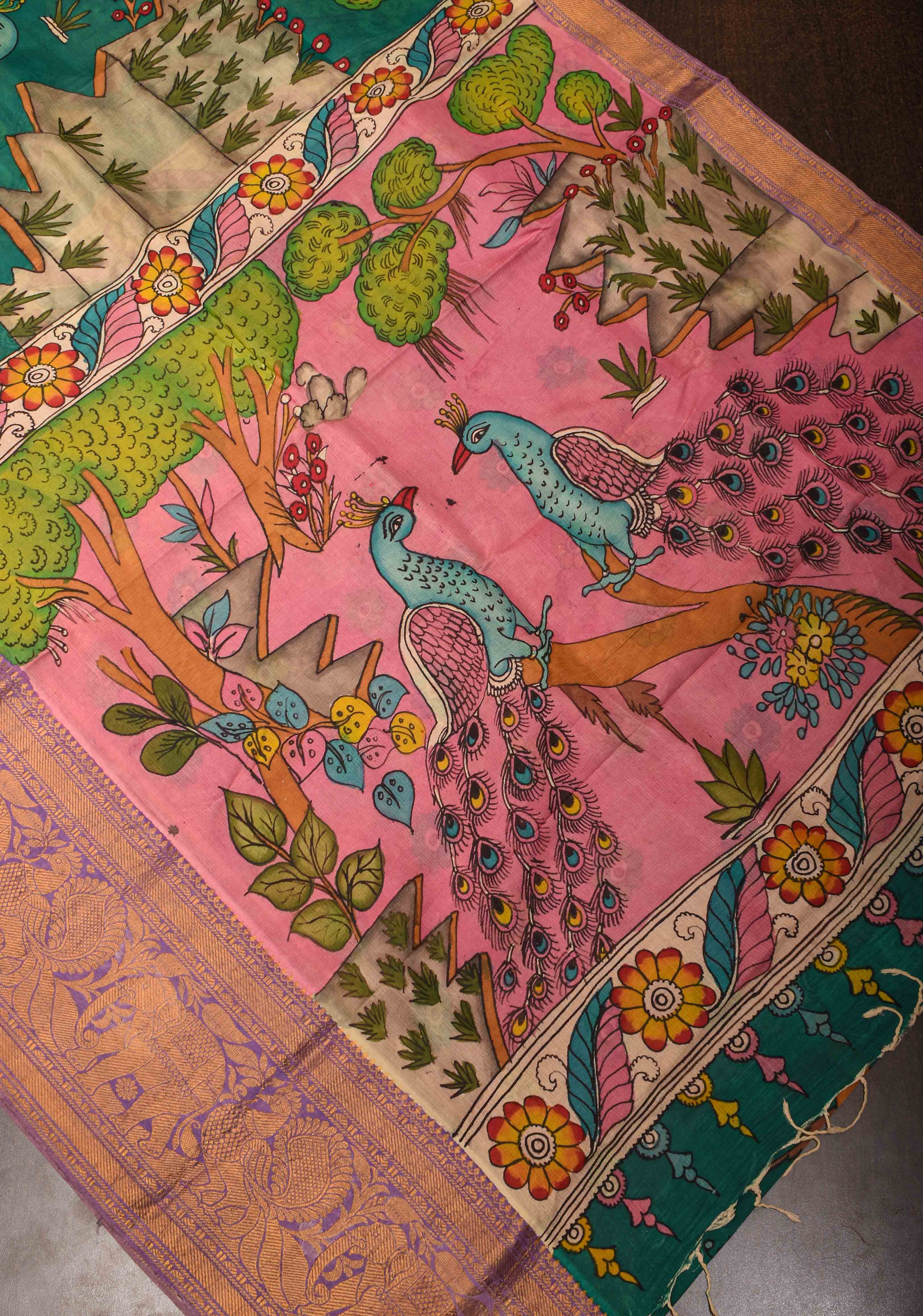 Twin Peacock Theme : Authentic Pen kalamkari on pure Chennuri Silk Saree with Wide Zari Border | SILK MARK CERTIFIED