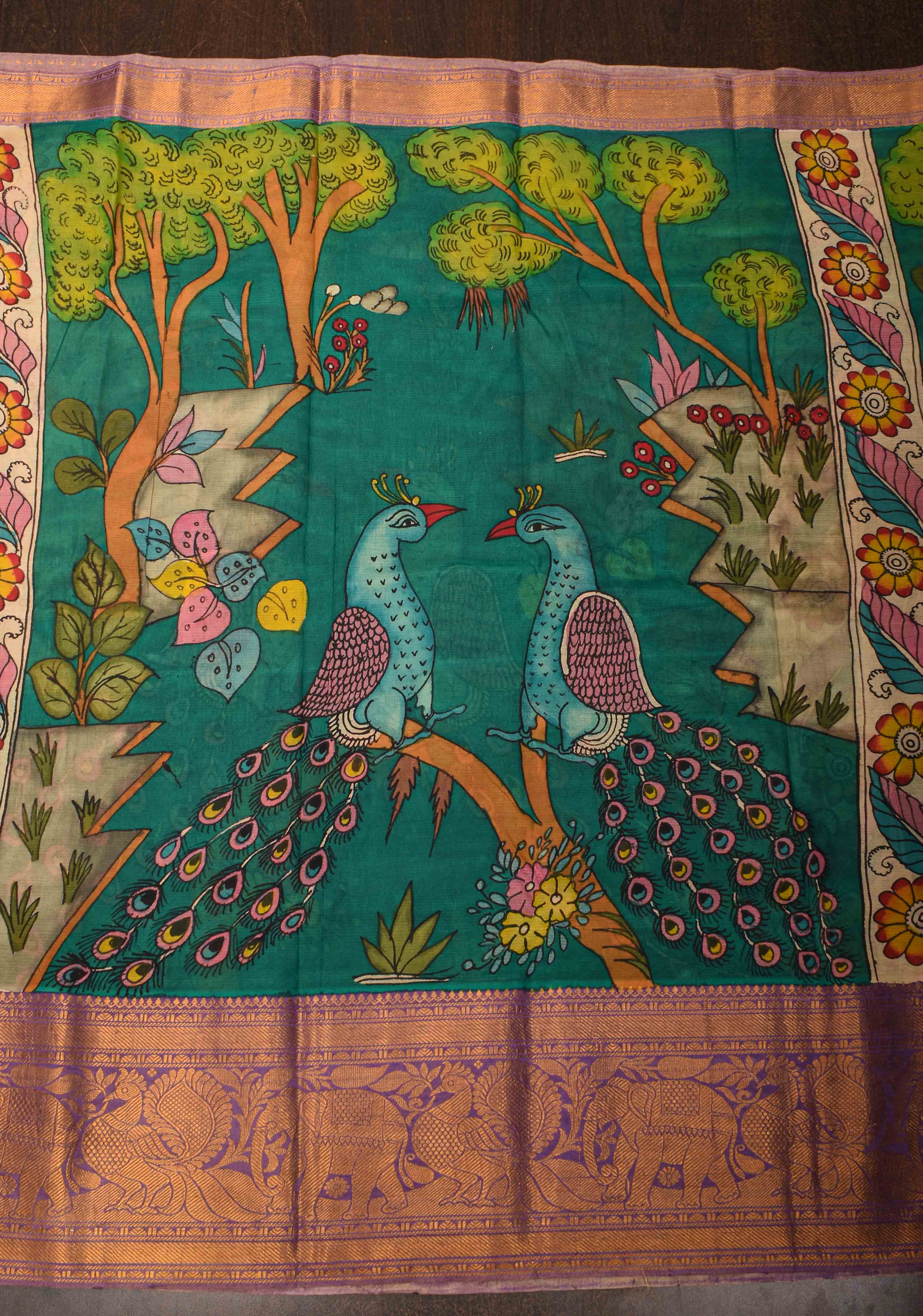 Twin Peacock Theme : Authentic Pen kalamkari on pure Chennuri Silk Saree with Wide Zari Border | SILK MARK CERTIFIED