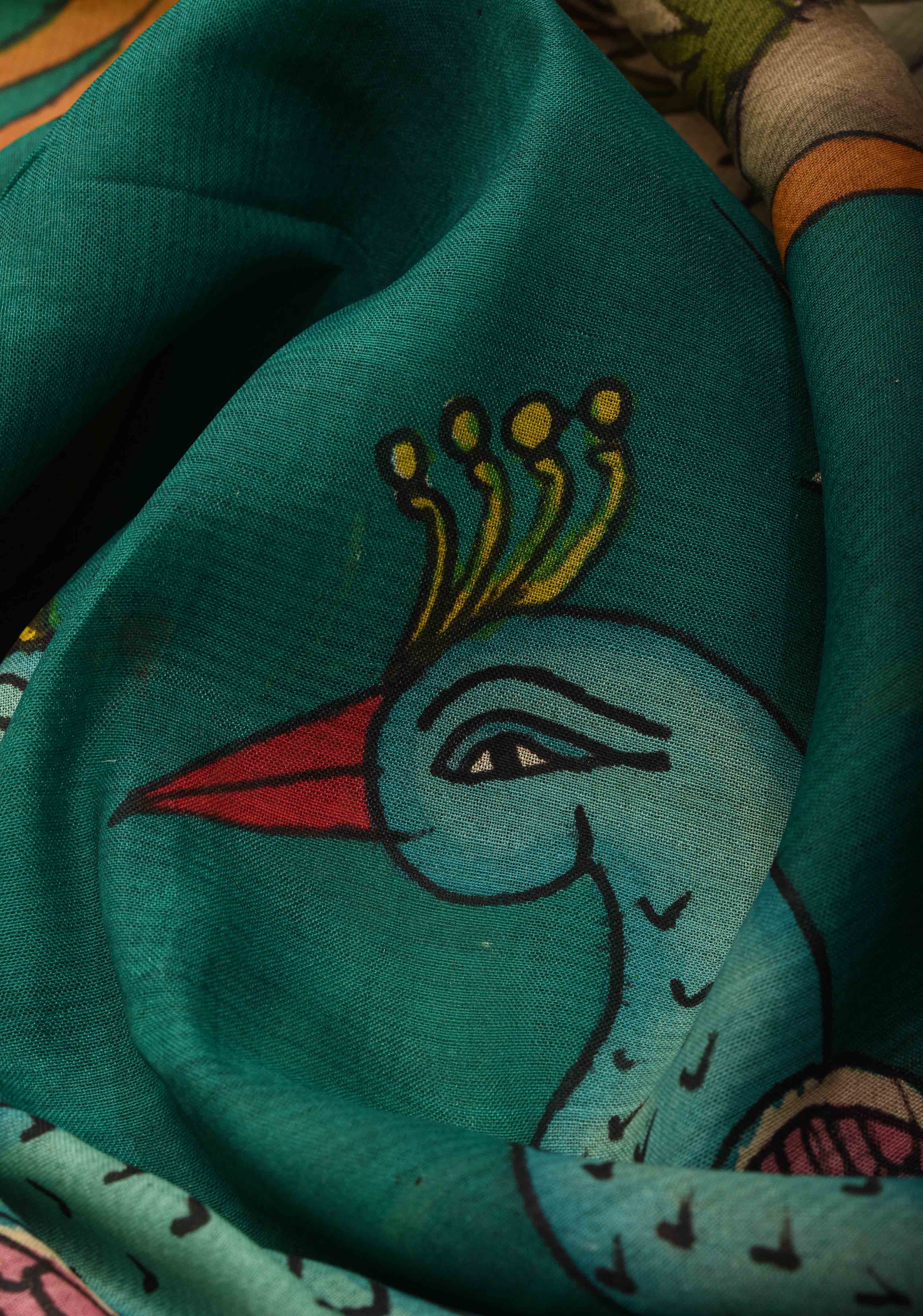 Twin Peacock Theme : Authentic Pen kalamkari on pure Chennuri Silk Saree with Wide Zari Border | SILK MARK CERTIFIED