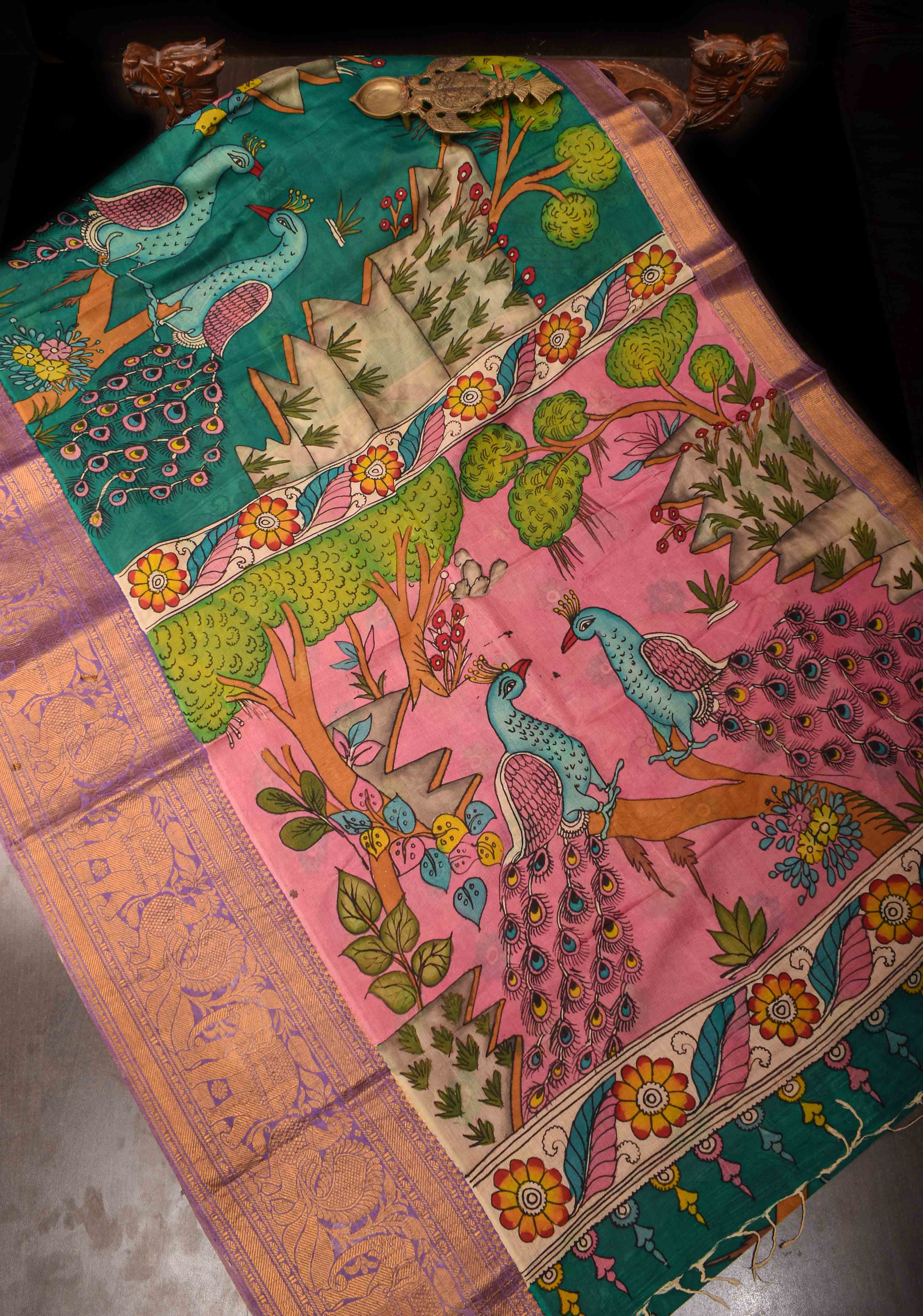 Twin Peacock Theme : Authentic Pen kalamkari on pure Chennuri Silk Saree with Wide Zari Border | SILK MARK CERTIFIED