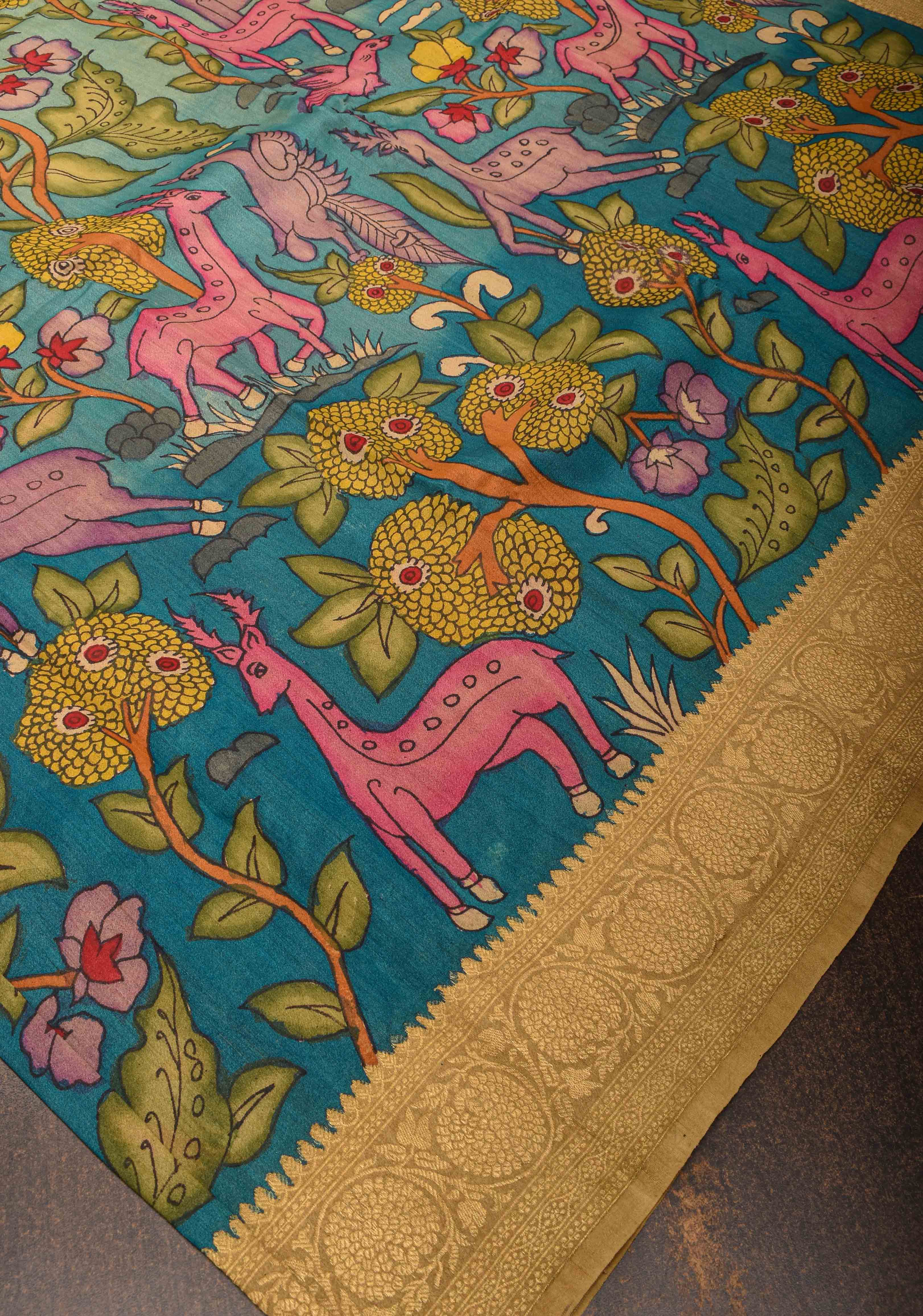 Forest Theme : Blue Authentic Pen Kalamkari on Banarasi tussar Silk saree with zari Borders | SILK MARK CERTIFIED