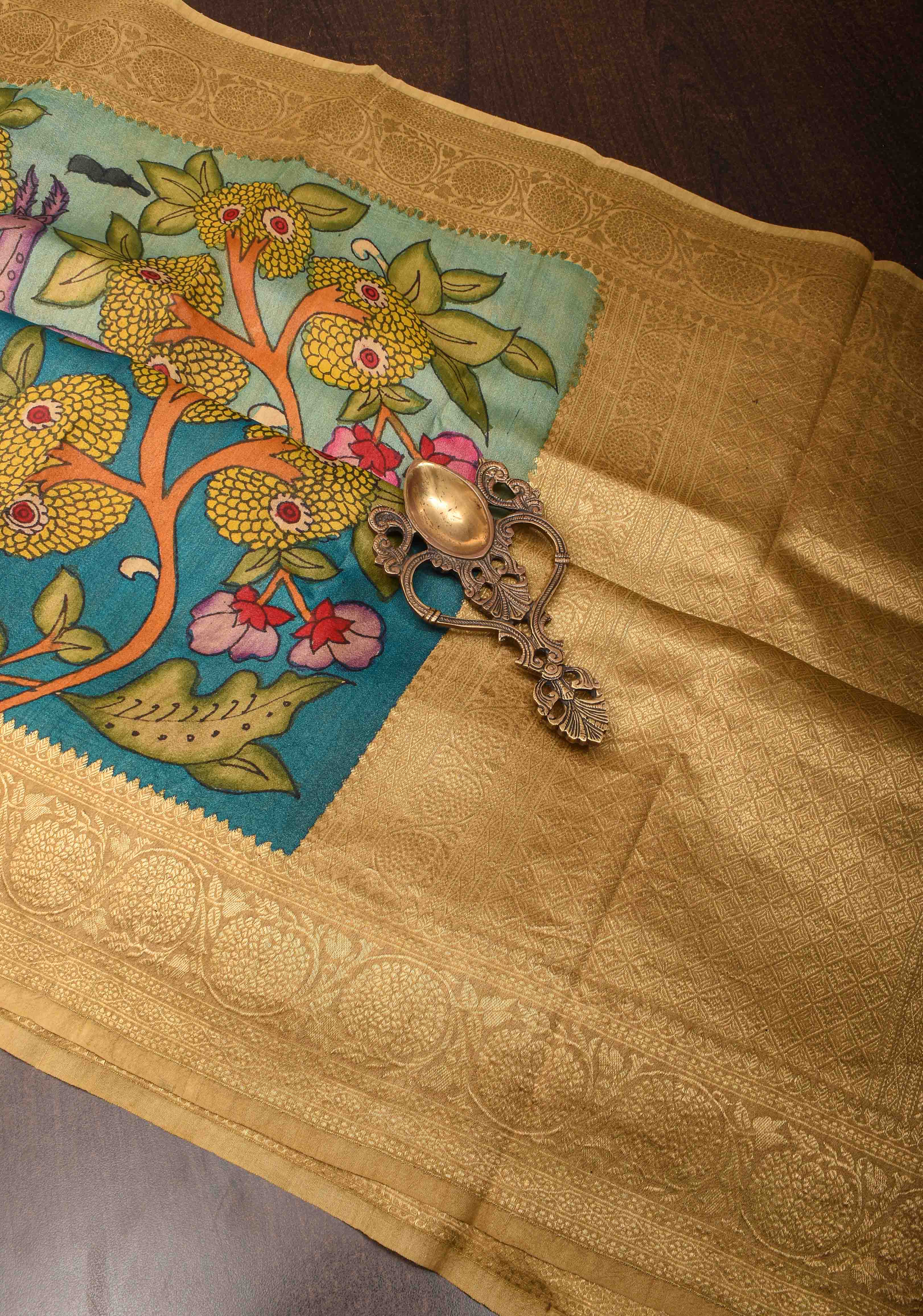 Forest Theme : Blue Authentic Pen Kalamkari on Banarasi tussar Silk saree with zari Borders | SILK MARK CERTIFIED