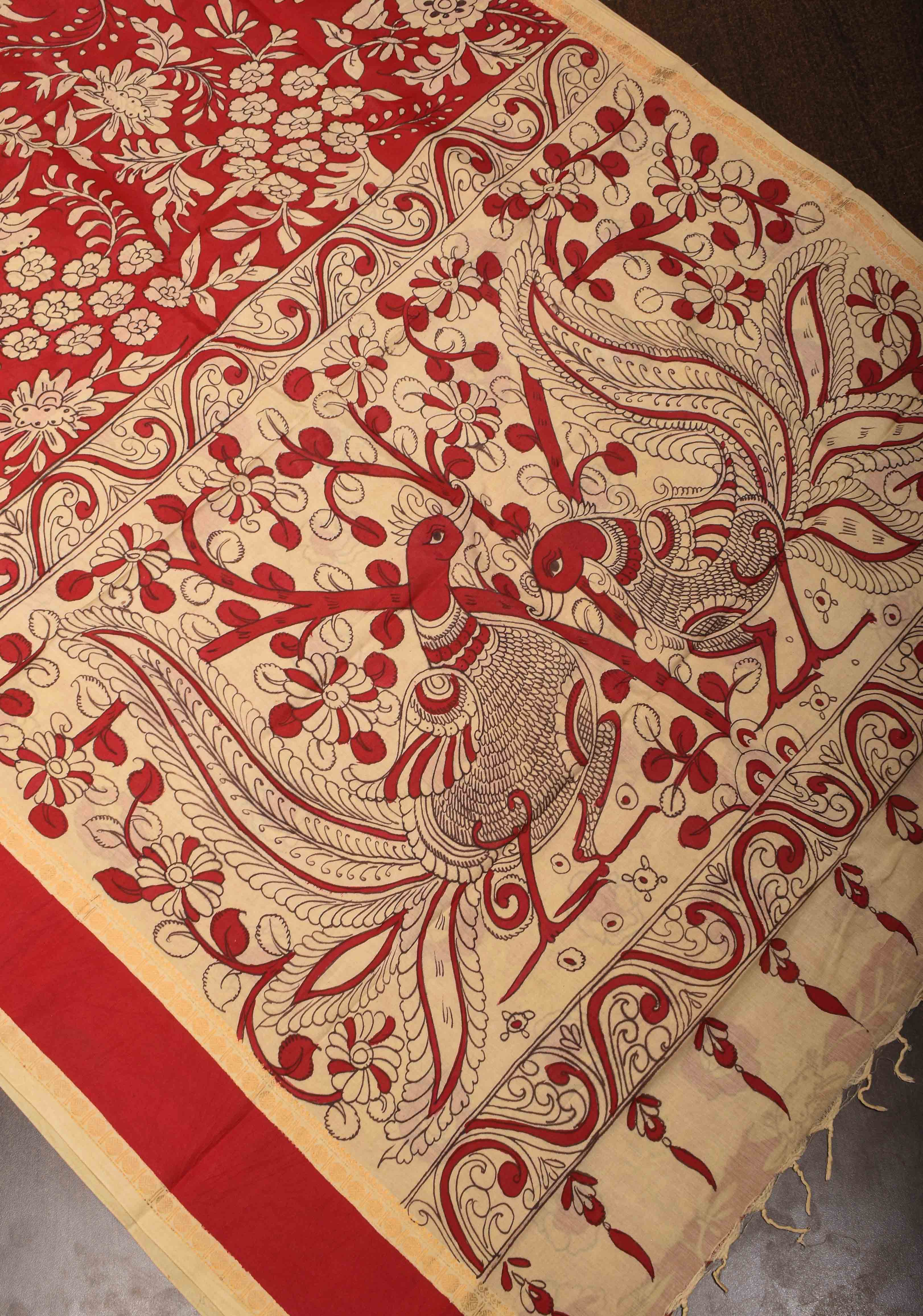 Floral Theme : Red Authentic Pen kalamkari on pure Chennuri Silk Saree with Border