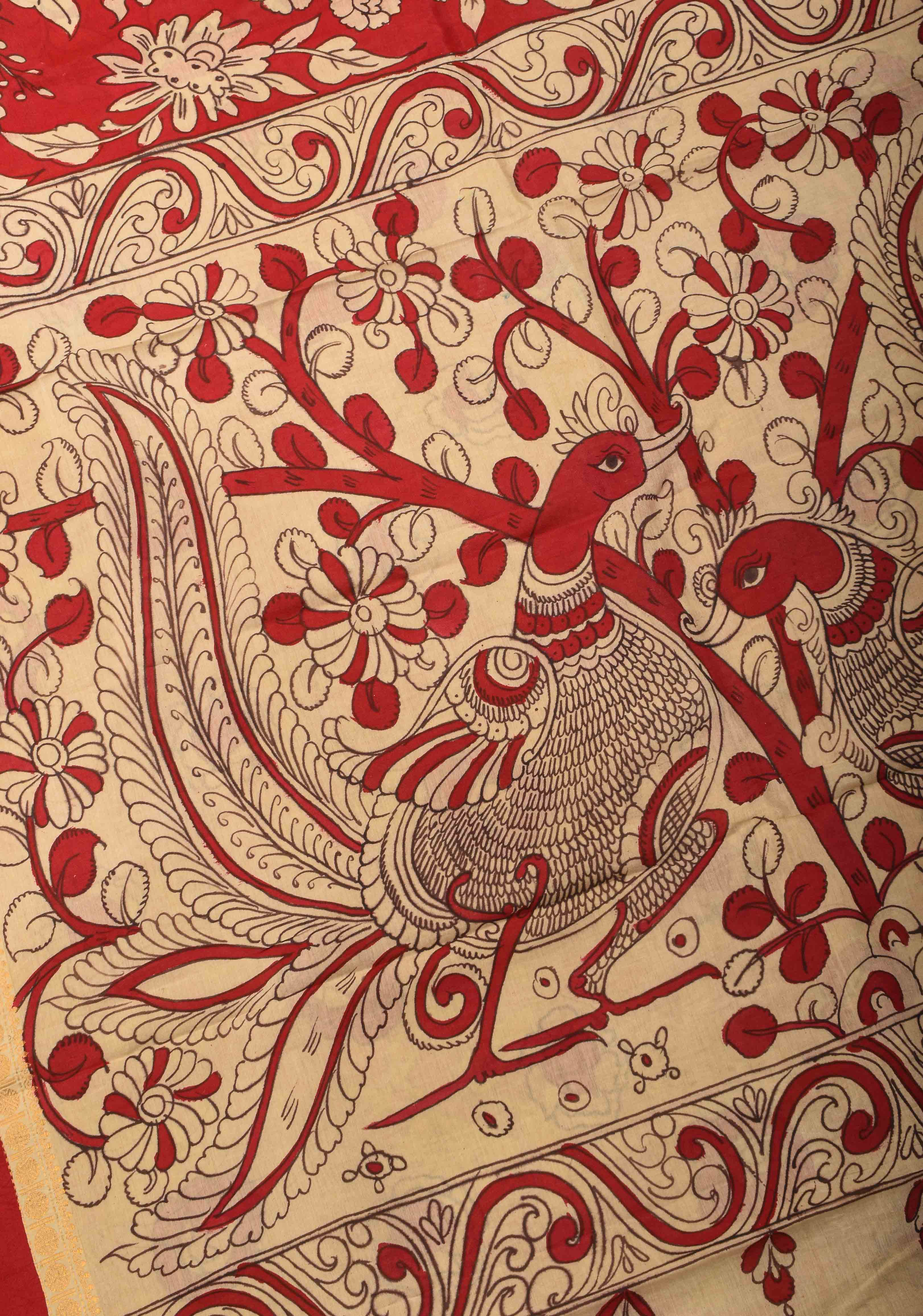 Floral Theme : Red Authentic Pen kalamkari on pure Chennuri Silk Saree with Border