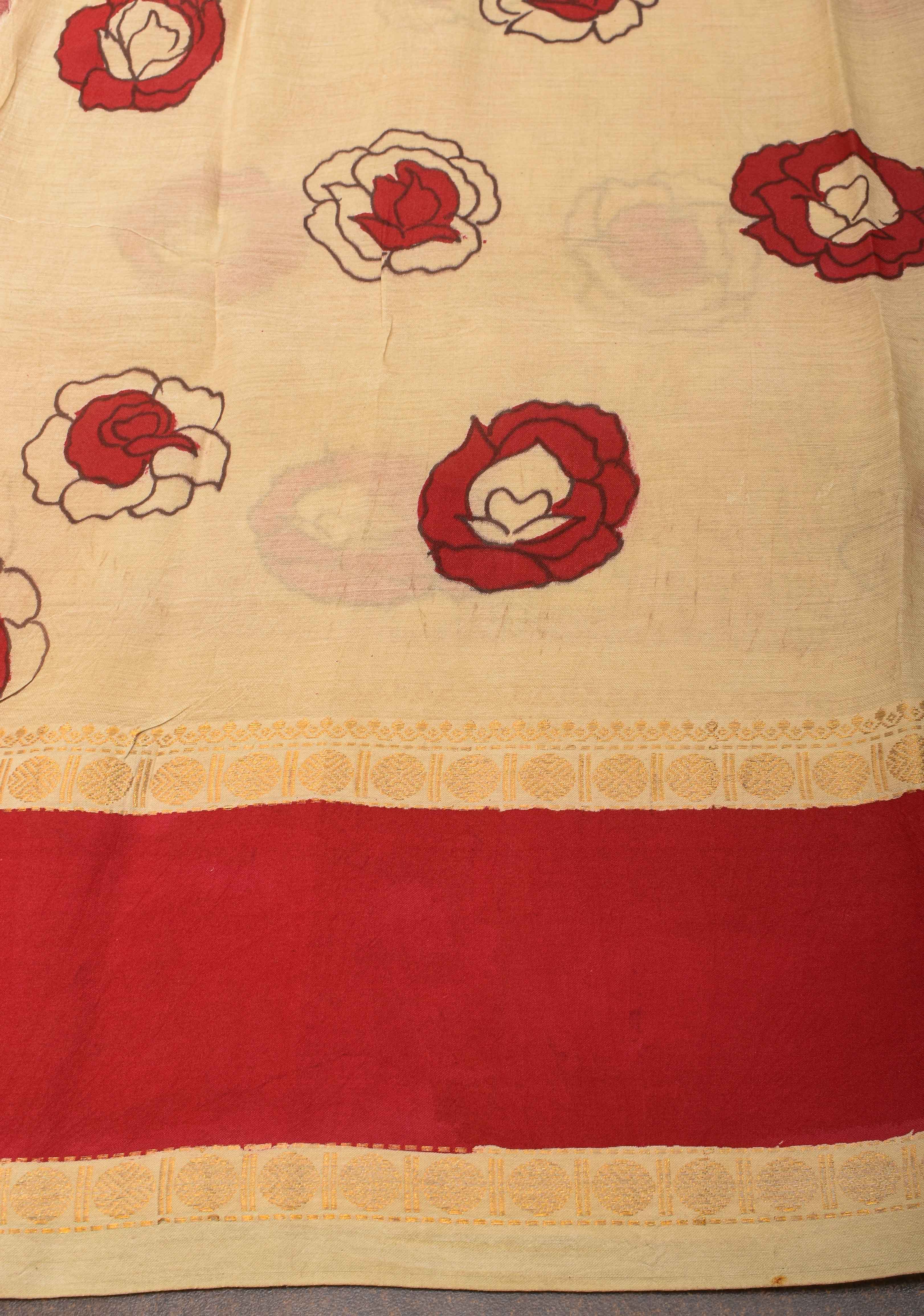 Floral Theme : Red Authentic Pen kalamkari on pure Chennuri Silk Saree with Border