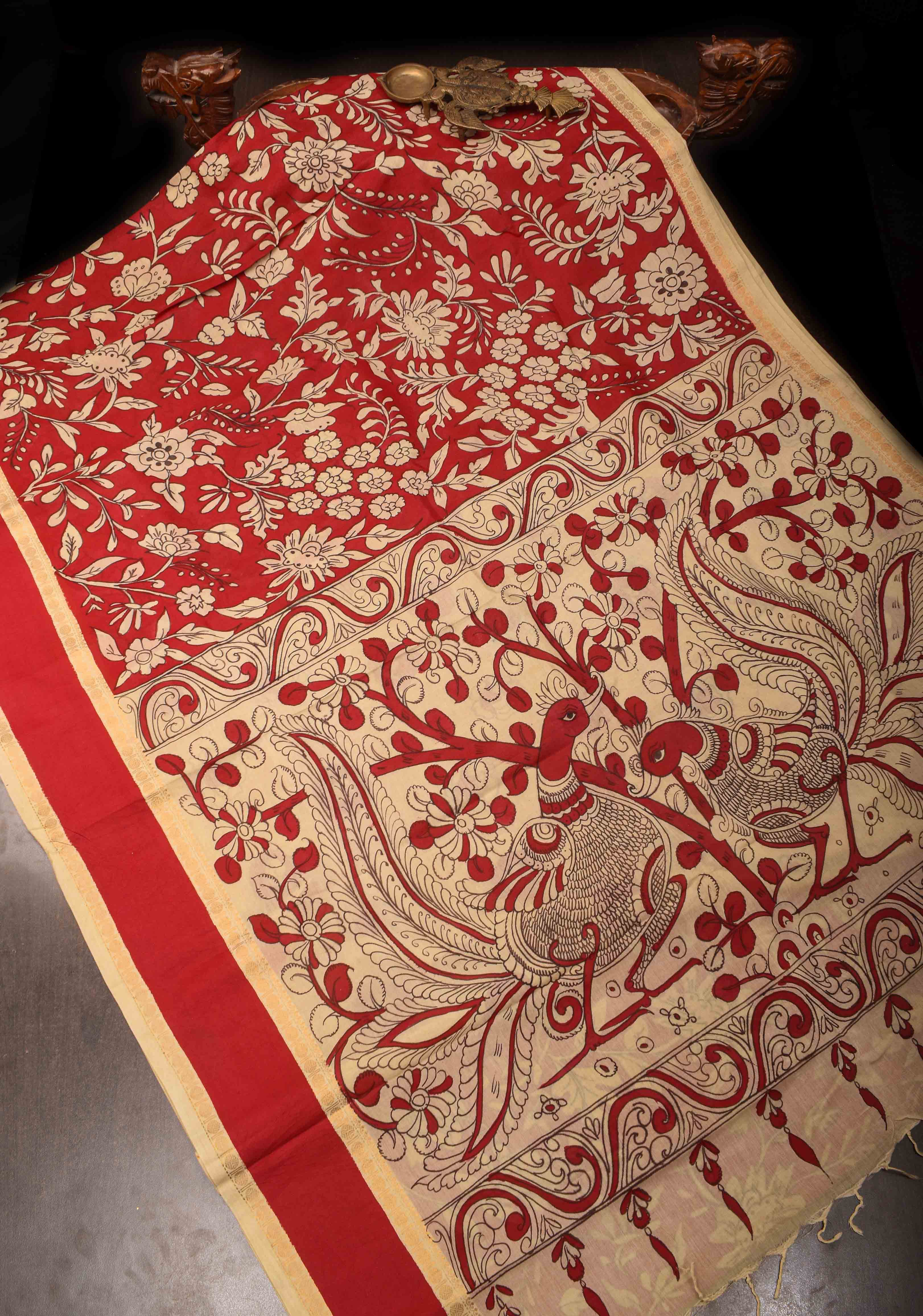 Floral Theme : Red Authentic Pen kalamkari on pure Chennuri Silk Saree with Border