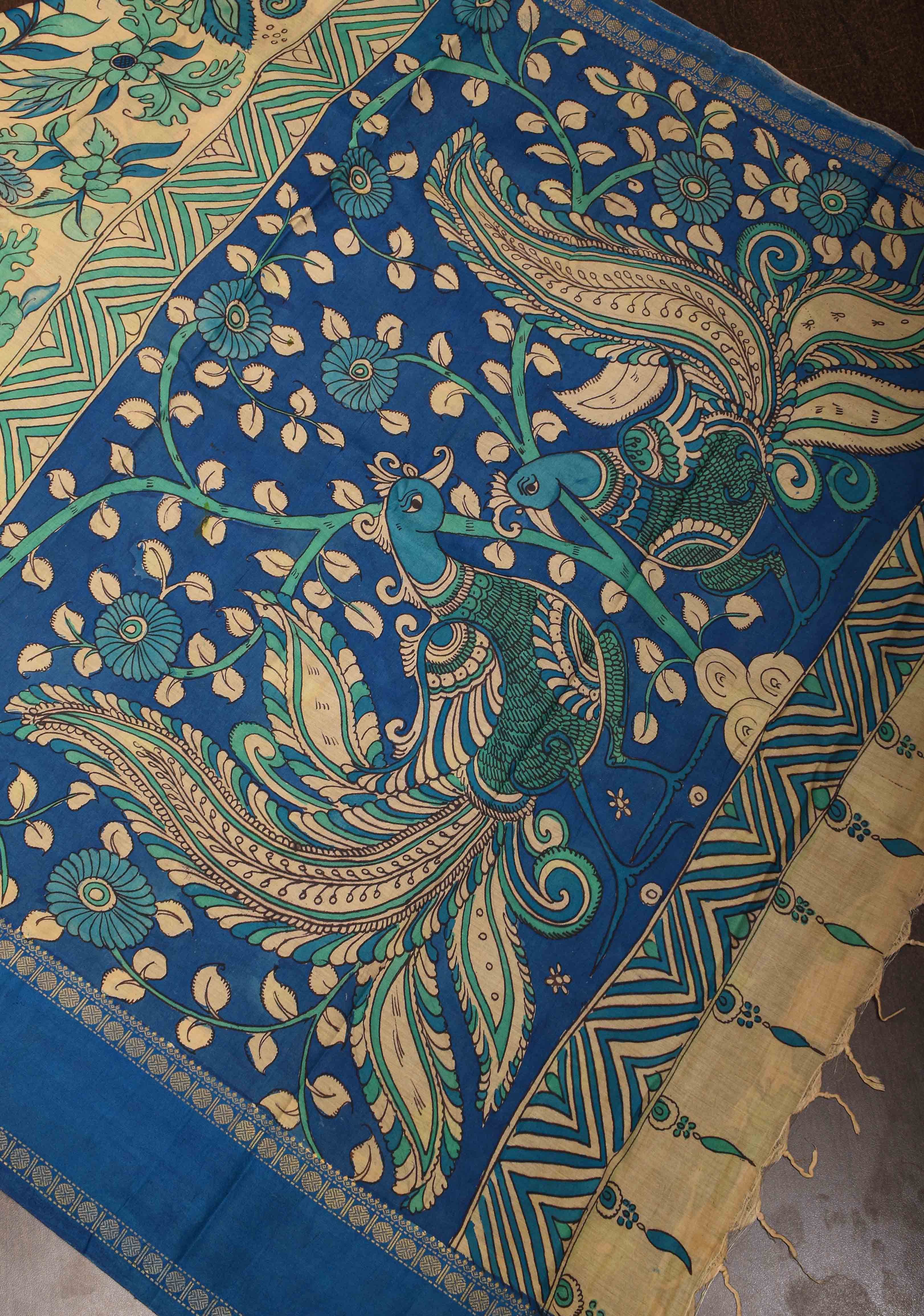 Floral and Annapakshi Theme : Authentic Pen kalamkari on pure Chennuri Silk Saree with Border