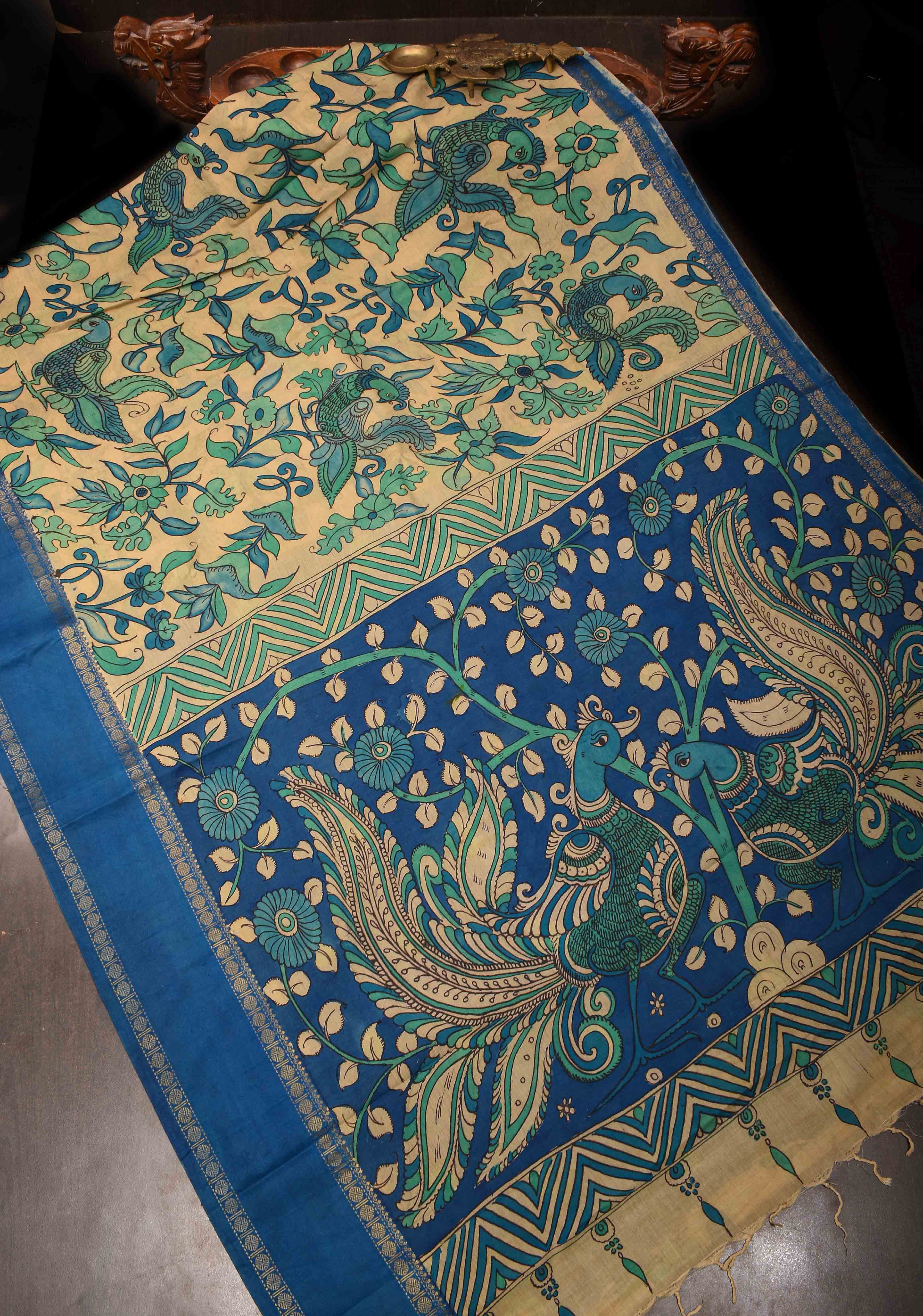 Floral and Annapakshi Theme : Authentic Pen kalamkari on pure Chennuri Silk Saree with Border