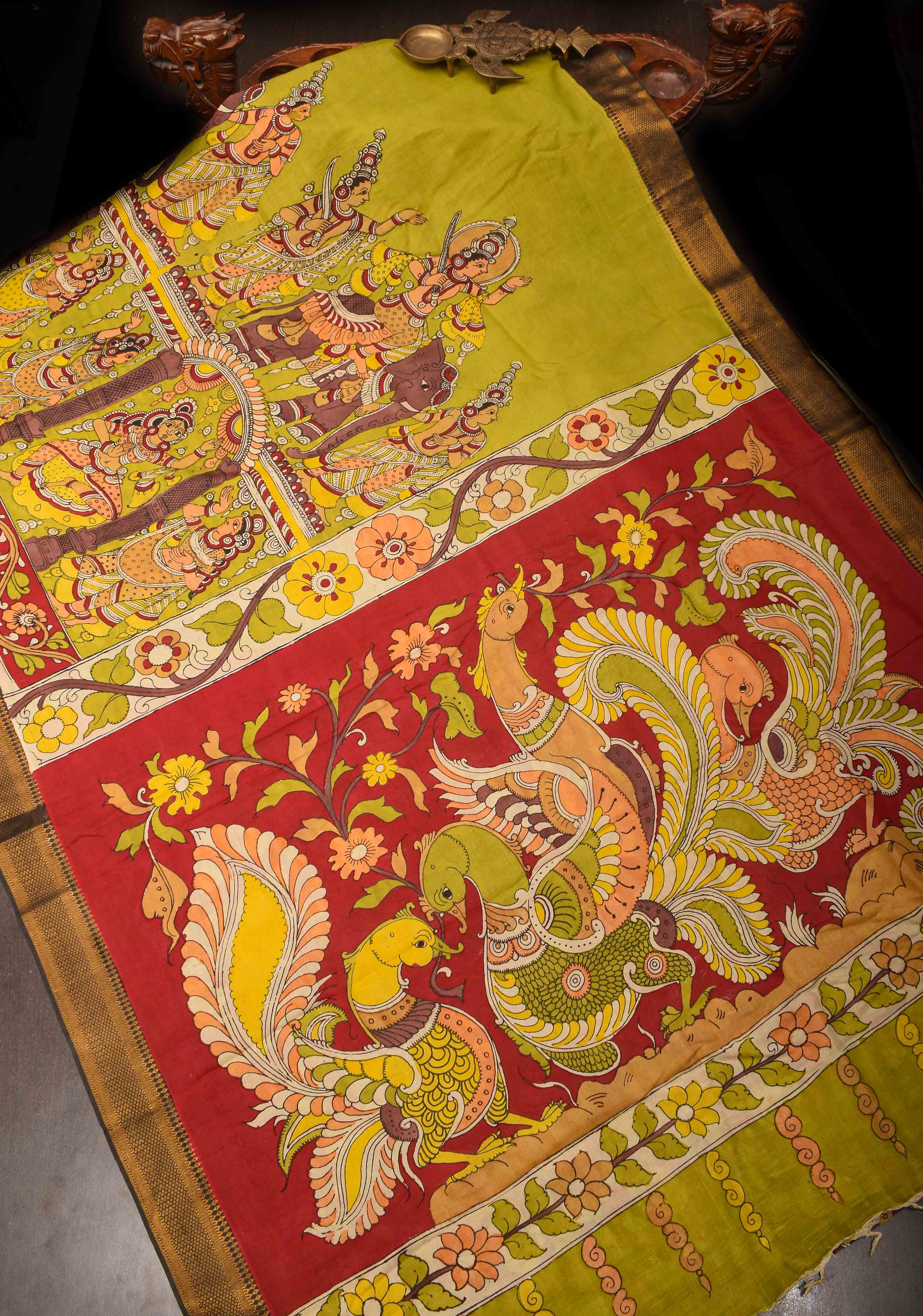 Urigempu Theme : Lime Yellow Authentic Pen kalamkari on Mangalagiri Silk Saree with zari border