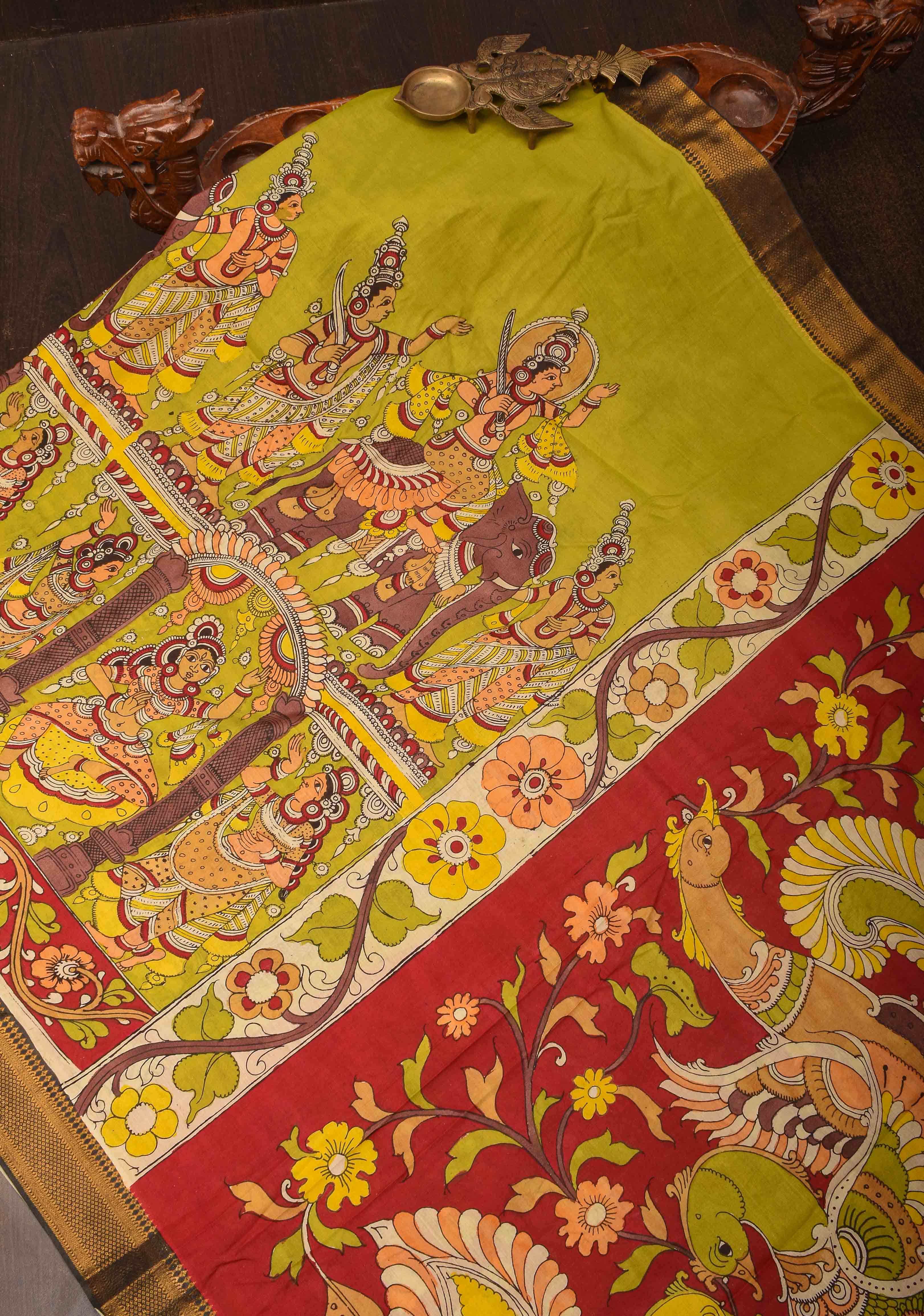 Urigempu Theme : Lime Yellow Authentic Pen kalamkari on Mangalagiri Silk Saree with zari border